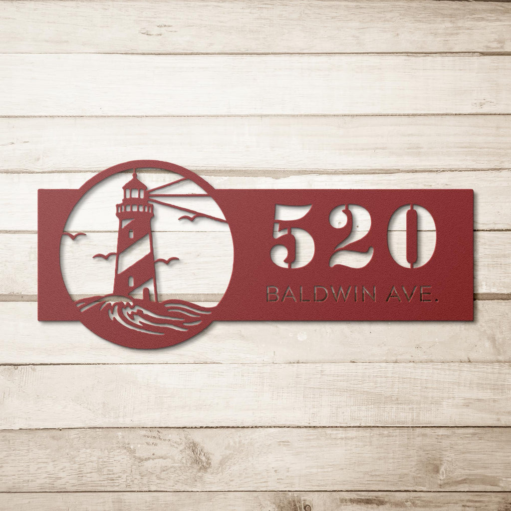 Personalized Lighthouse Address Metal Sign | Custom Number and Street Coastal Home Decor | Die-Cut Beach Gift