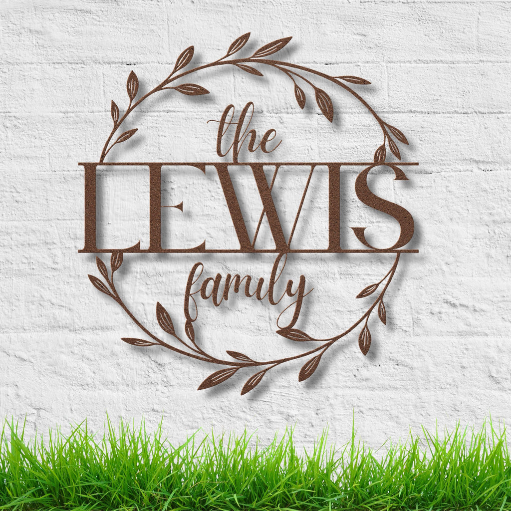 Personalized Family Name Sign: Metal Leaf Wreath, Custom Last Name Decor