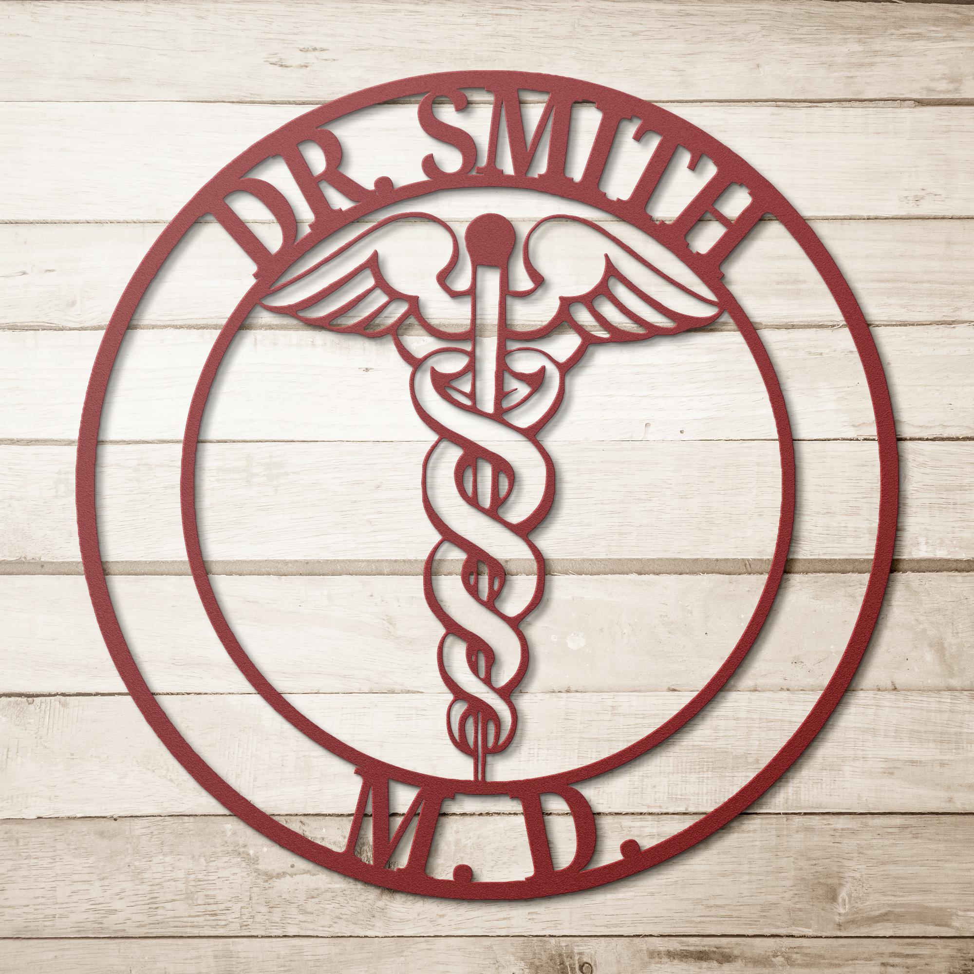 Personalized Metal Sign | Custom Doctor Sign with Steel Caduceus Emblem & Medical Office Decor