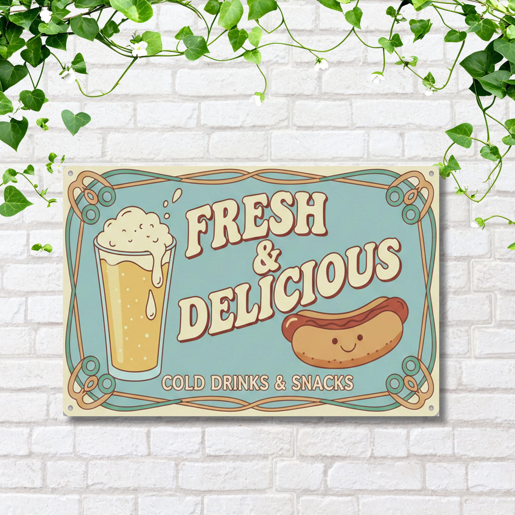 Fresh and Delicious Metal Sign, Hot Dog and Beer Wall Art, Retro Diner Decor