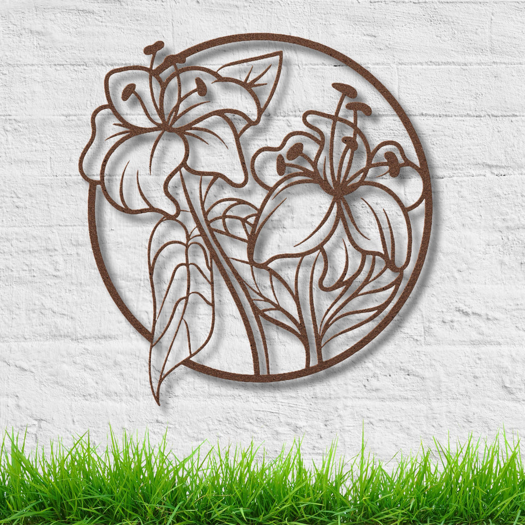 Lily Flower Metal Art – Circular Floral Sign | Minimalist Botanical Wall Decor