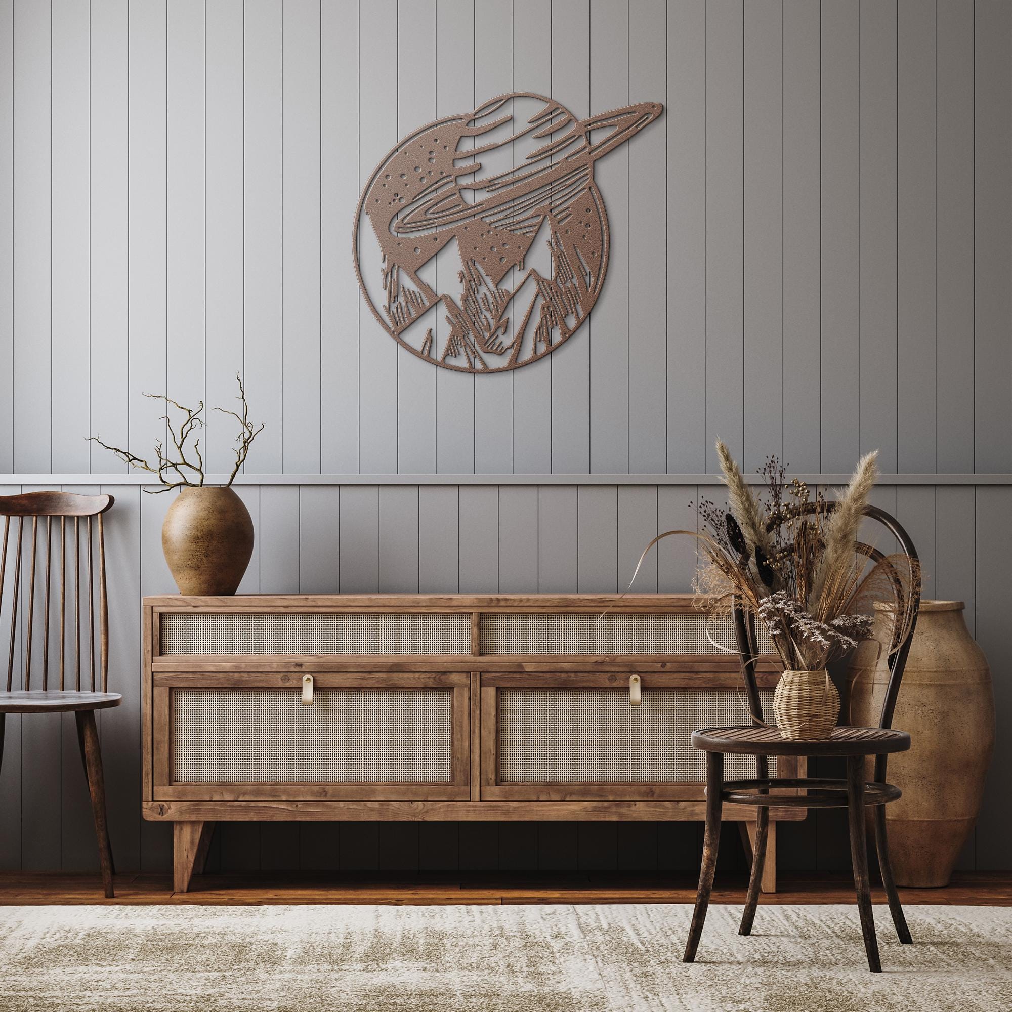 Saturn Metal Wall Art, Celestial Planet Sign, Galaxy Space Decor, Mountain Landscape Art