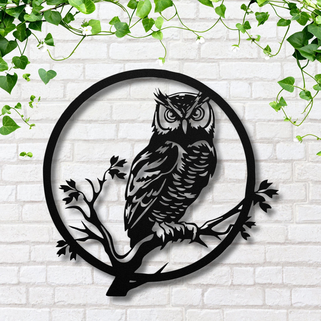Owl Metal Wall Art, Forest Bird Silhouette Decor, Circular Nature Animal Wall Sign