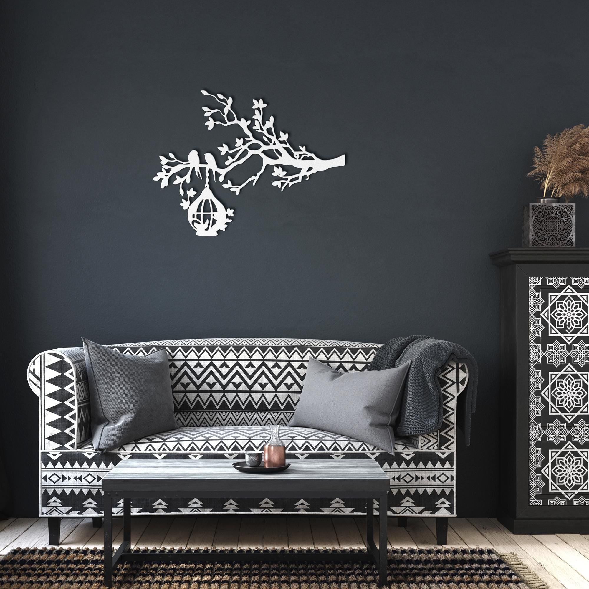 Birds on Branch Metal Art, Hanging Birdcage Wall Decor, Rustic Nature Sign, Forest Gift