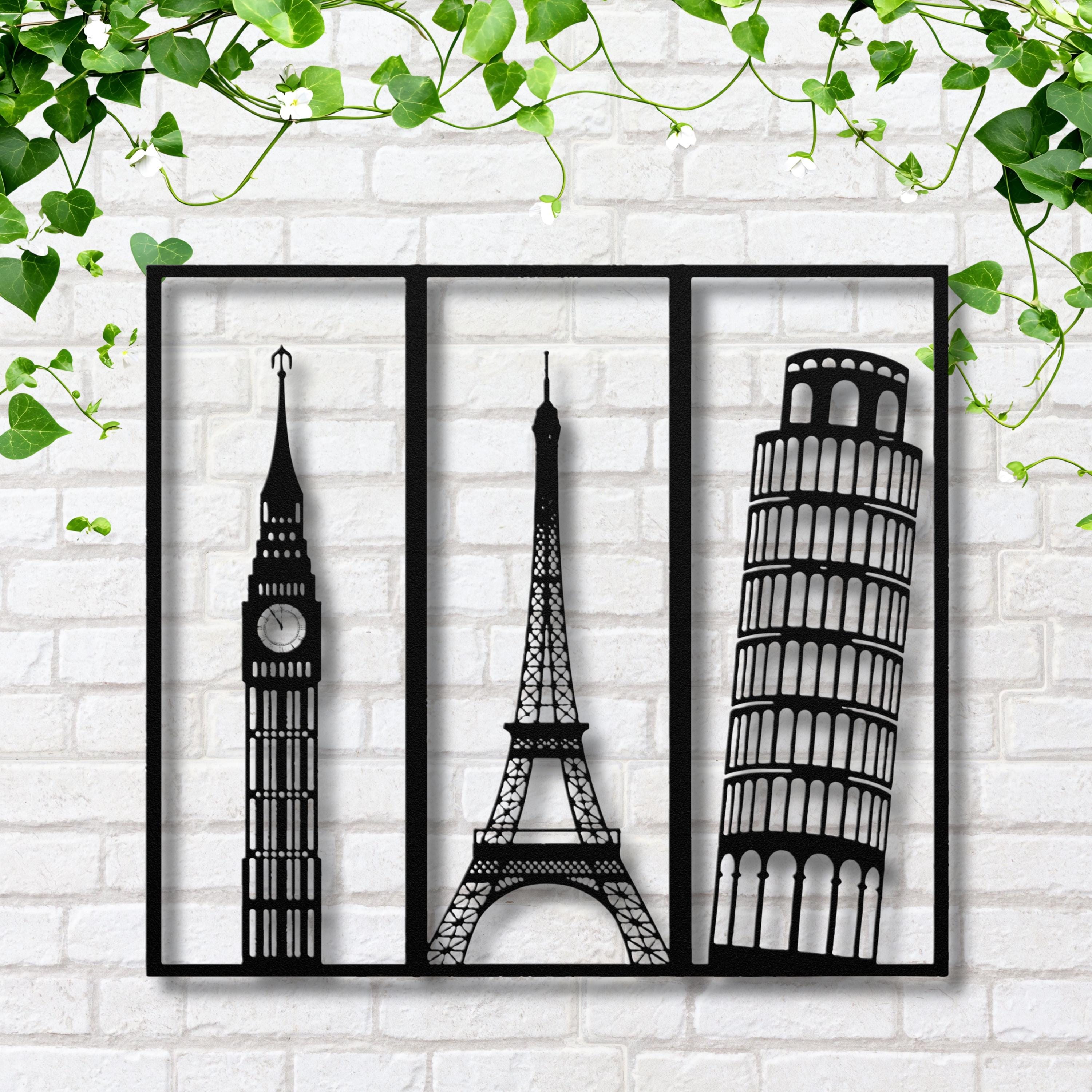 Metal Wall Art Landmarks, Eiffel Tower Big Ben Pisa Decor, Travel Gift World Map