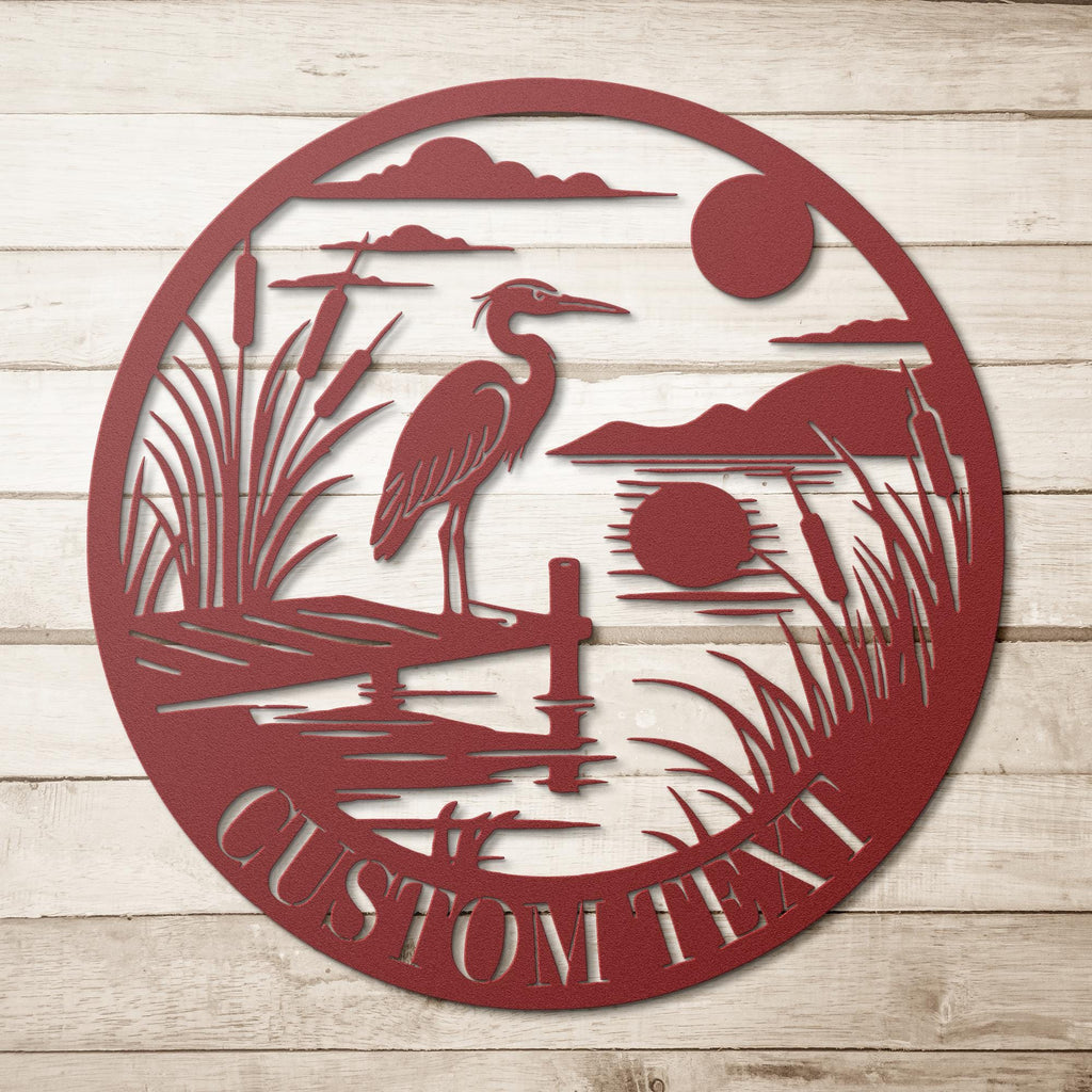 Custom Heron Metal Sign, Wetlands Bird Decor, Fishing Cabin Lake House Gift, Personalized Outdoor Art