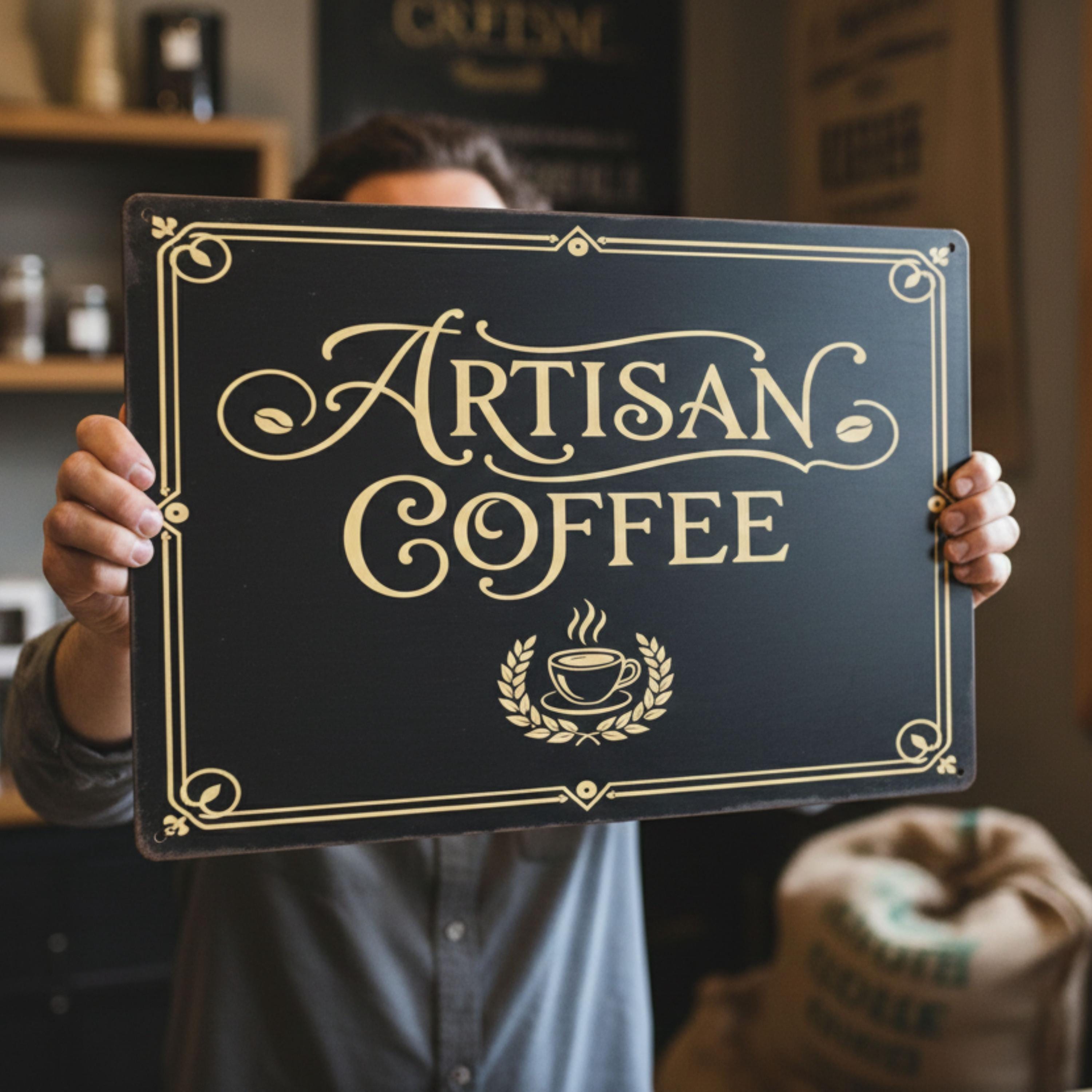 Artisan Coffee Metal Sign, Vintage Coffee Shop Decor, Black and Gold Cafe Wall Art, Retro Espresso Plaque, Latte Lover Gift
