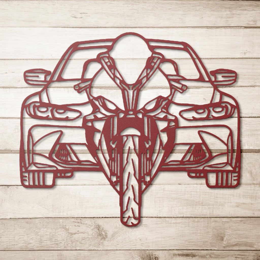 Car and Motorcycle Metal Wall Art | Automotive Duet Silhouette | Front View Die-Cut Sign | Garage Decor | Motorhead Gift