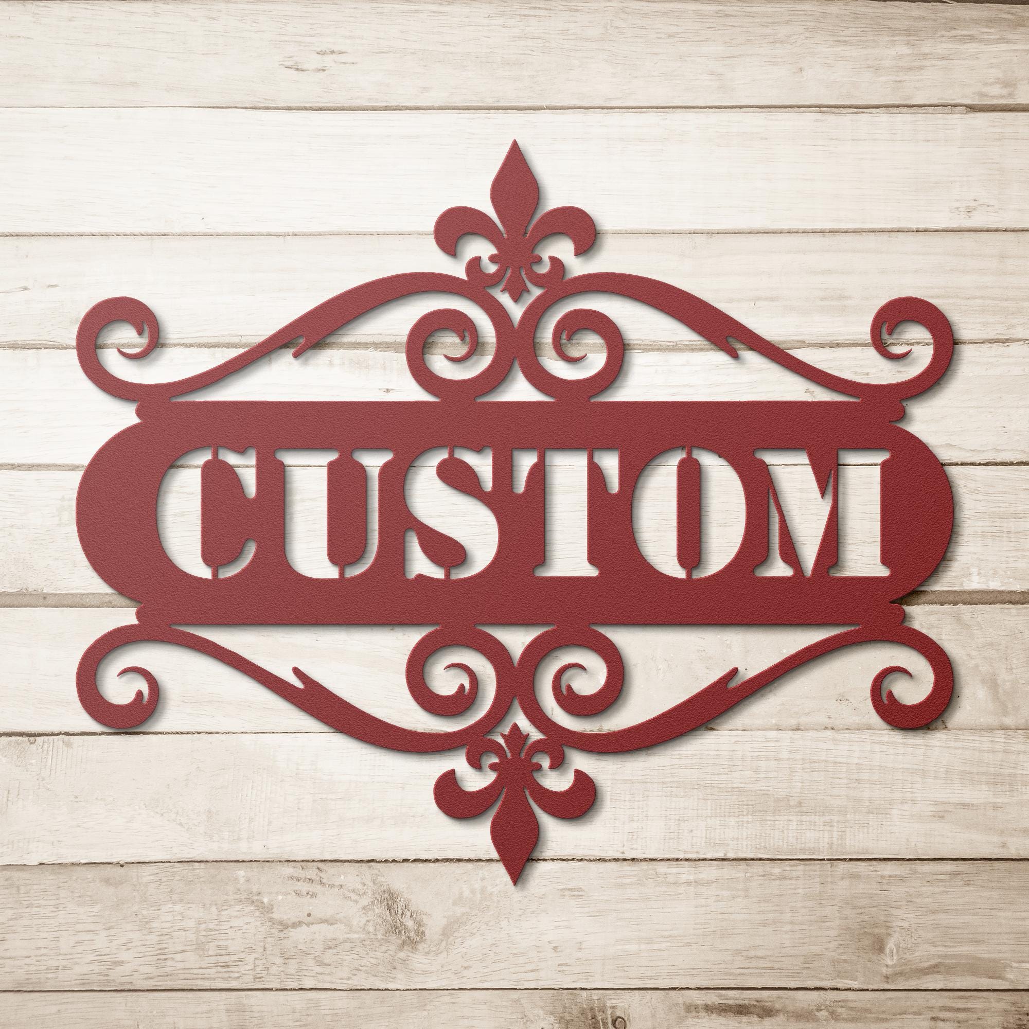Custom Metal Sign | Personalized Name Sign With Fleur De Lis Monogram & Scroll Frame