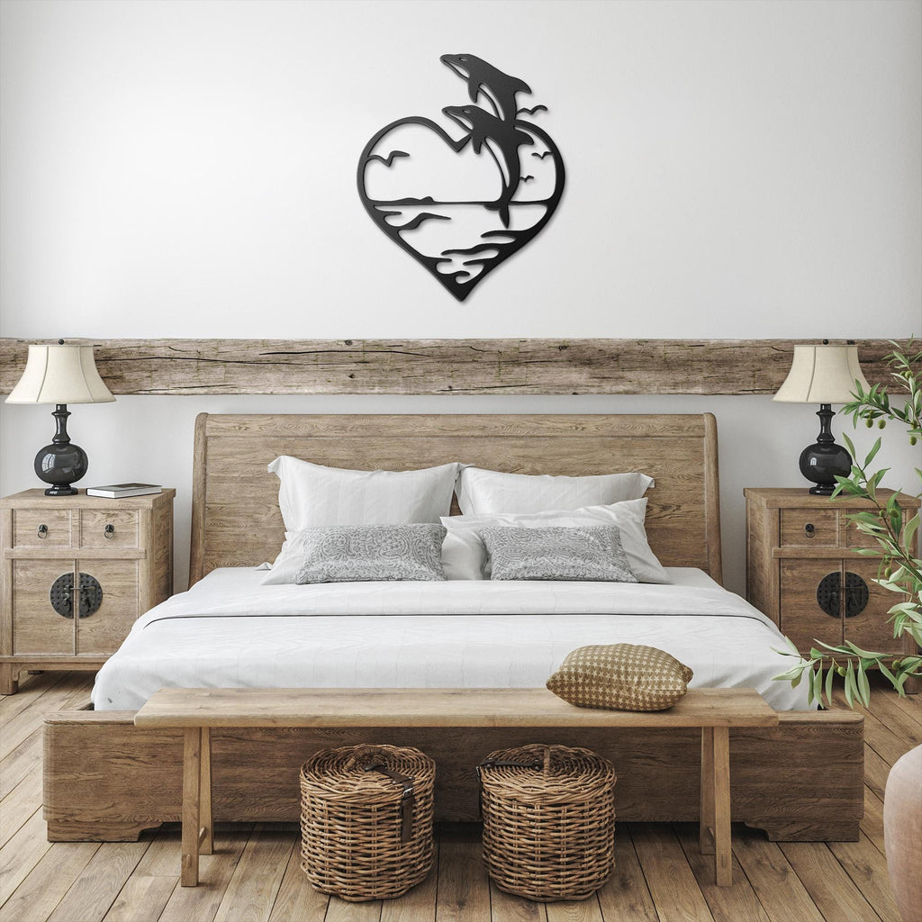 Dolphins in Heart Metal Wall Art: Romantic Ocean Decor