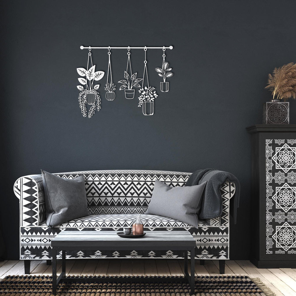 Metal Hanging Potted Plants Wall Art | Minimalist Indoor Garden Sign