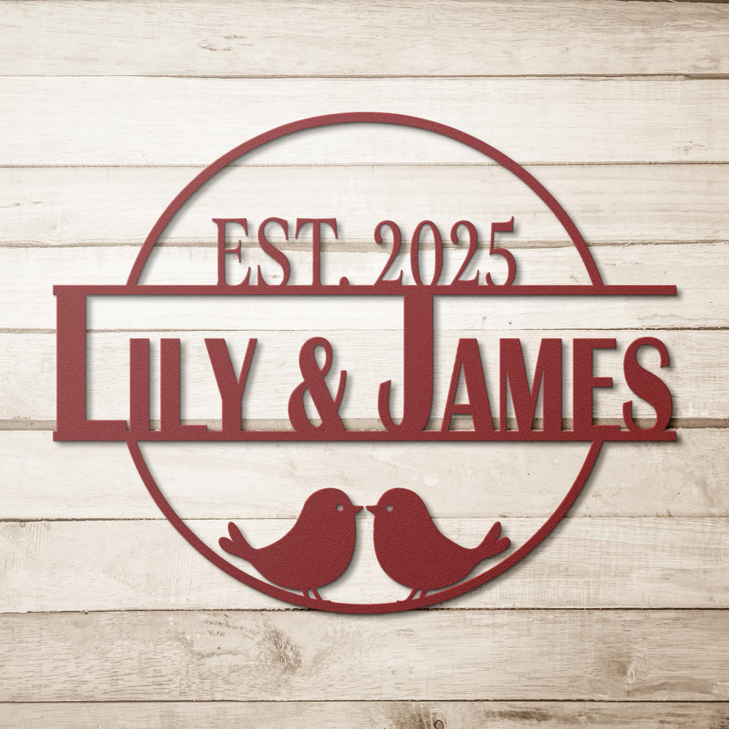 Custom Metal House Name Sign: Bird Couple Plaque, Housewarming Gift