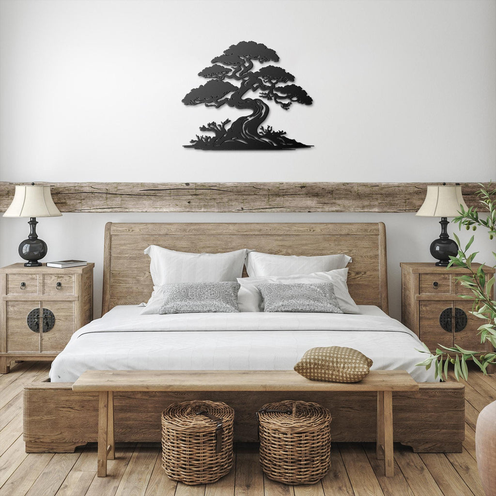 Japanese Bonsai Tree Metal Wall Art | Zen Black Silhouette Sign | Die-Cut Nature Home Decor | Meditation Room Gift
