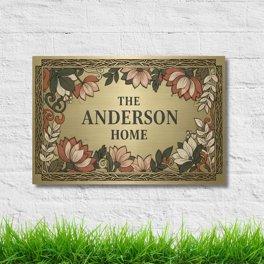 Personalized Metal Sign - Custom Home Decor With Floral Metal Art & Brass Finish