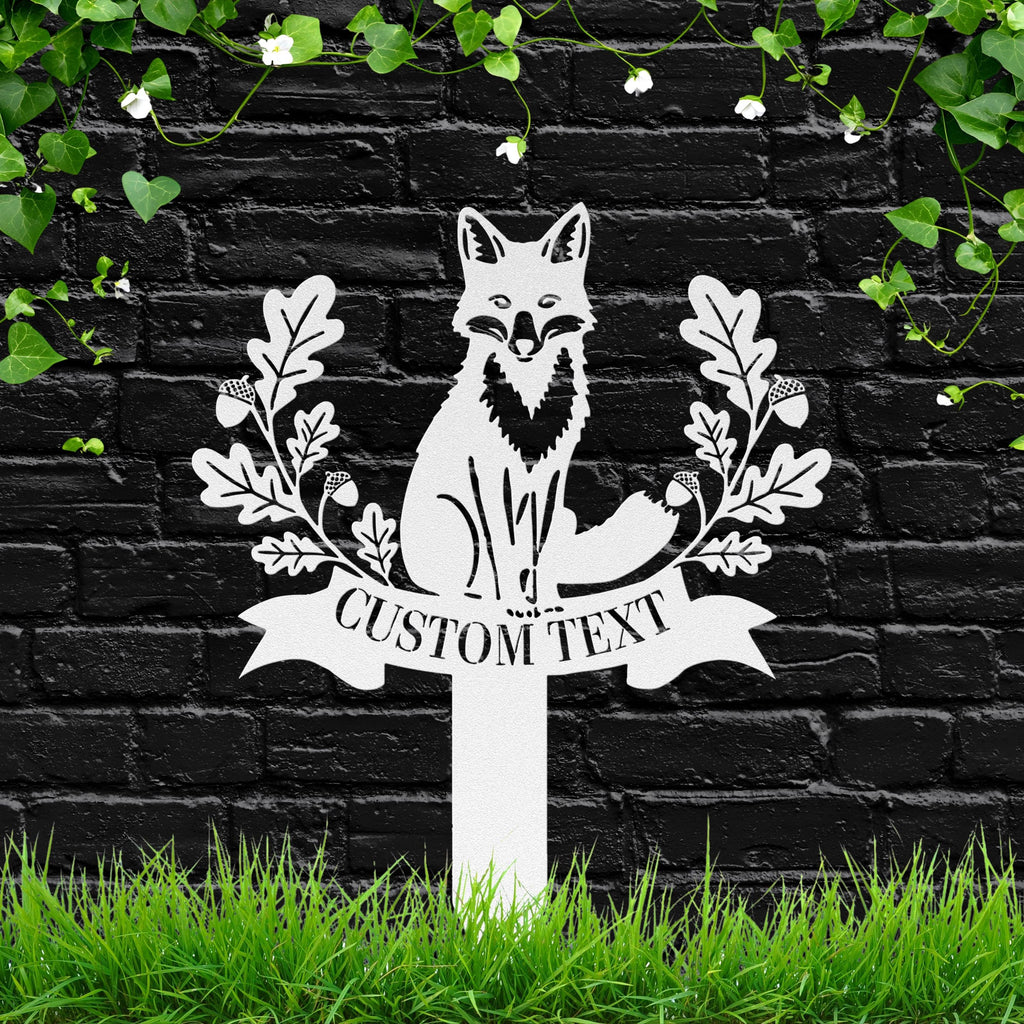 Fox Metal Garden Stake Sign, Personalized Die-Cut Woodland Animal Decor, Oak Leaf Wreath, Custom Engraved Text Memorial Marker