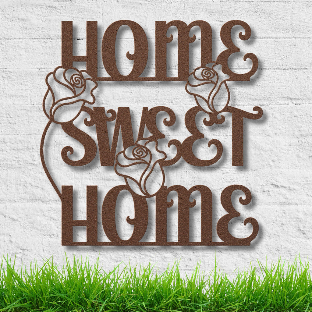 Home Sweet Home Metal Sign, Rose Flower Wall Art, Housewarming Gift, Entryway Decor, Floral Sign