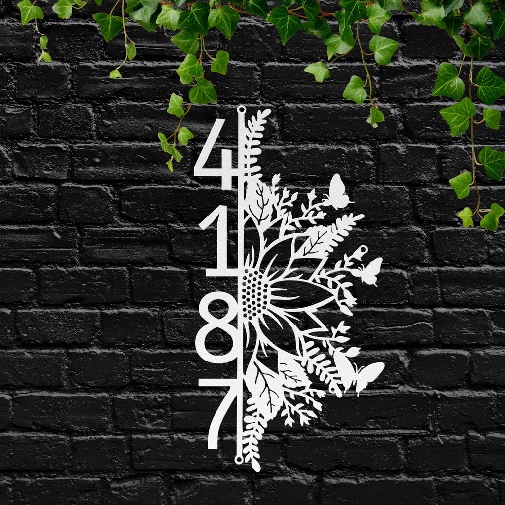 Vertical Sunflower Metal Address Sign, Custom House Numbers, Floral Plaque