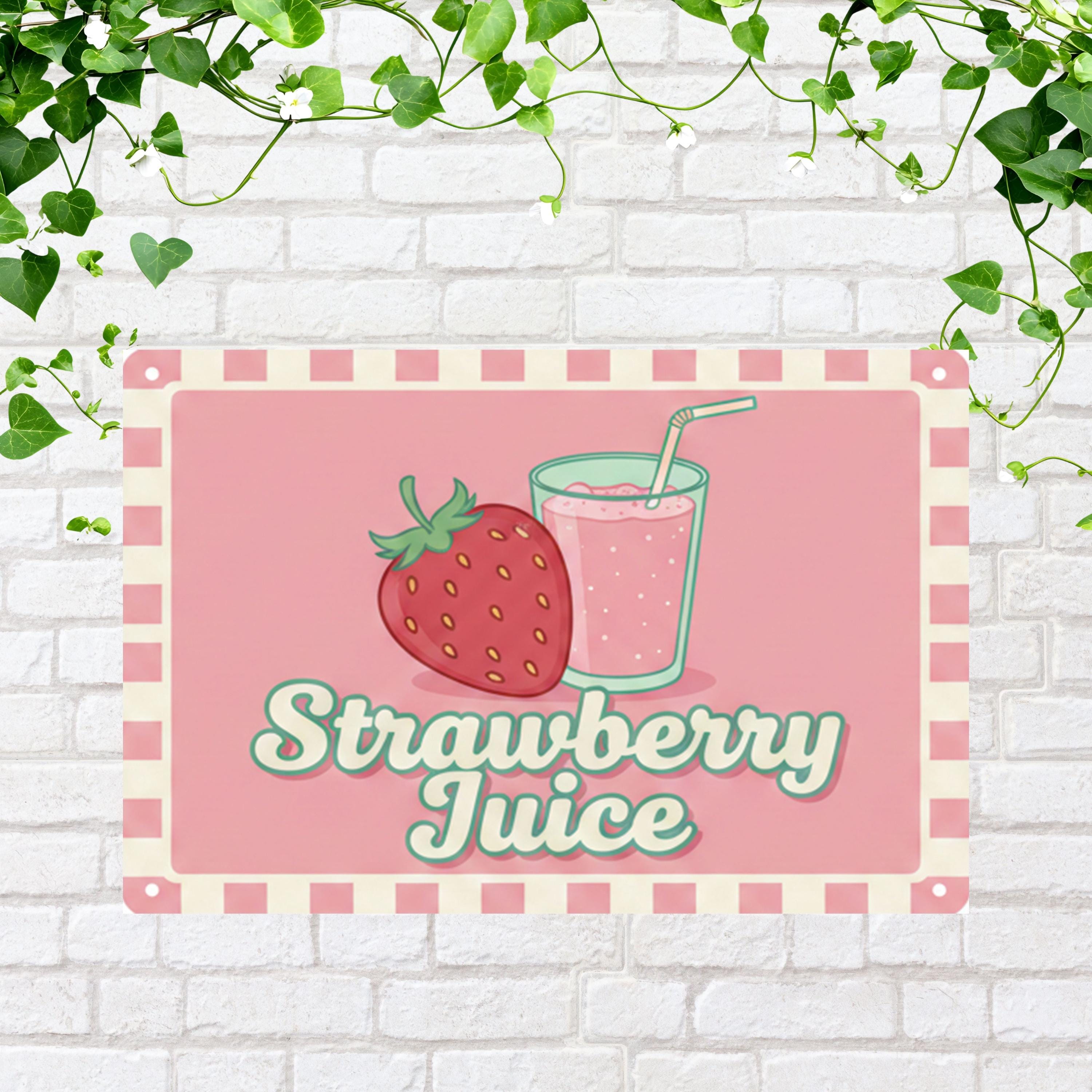 Retro Strawberry Juice Metal Sign, Vintage Fruit Wall Art, Pink Kitchen Decor, Cafe Poster