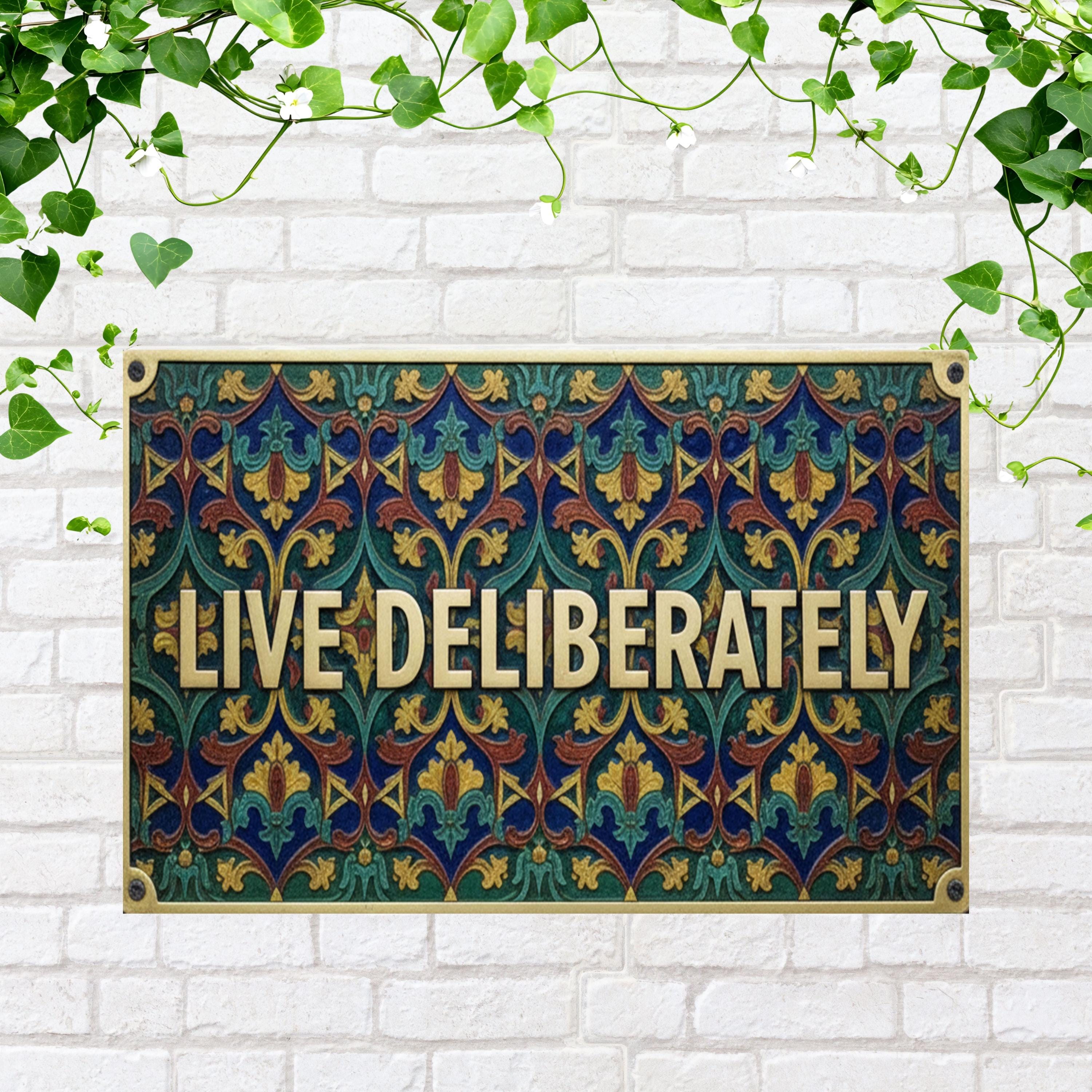 Live Deliberately Metal Sign, Ornate Tapestry Wall Art, Gold Motivational Plaque