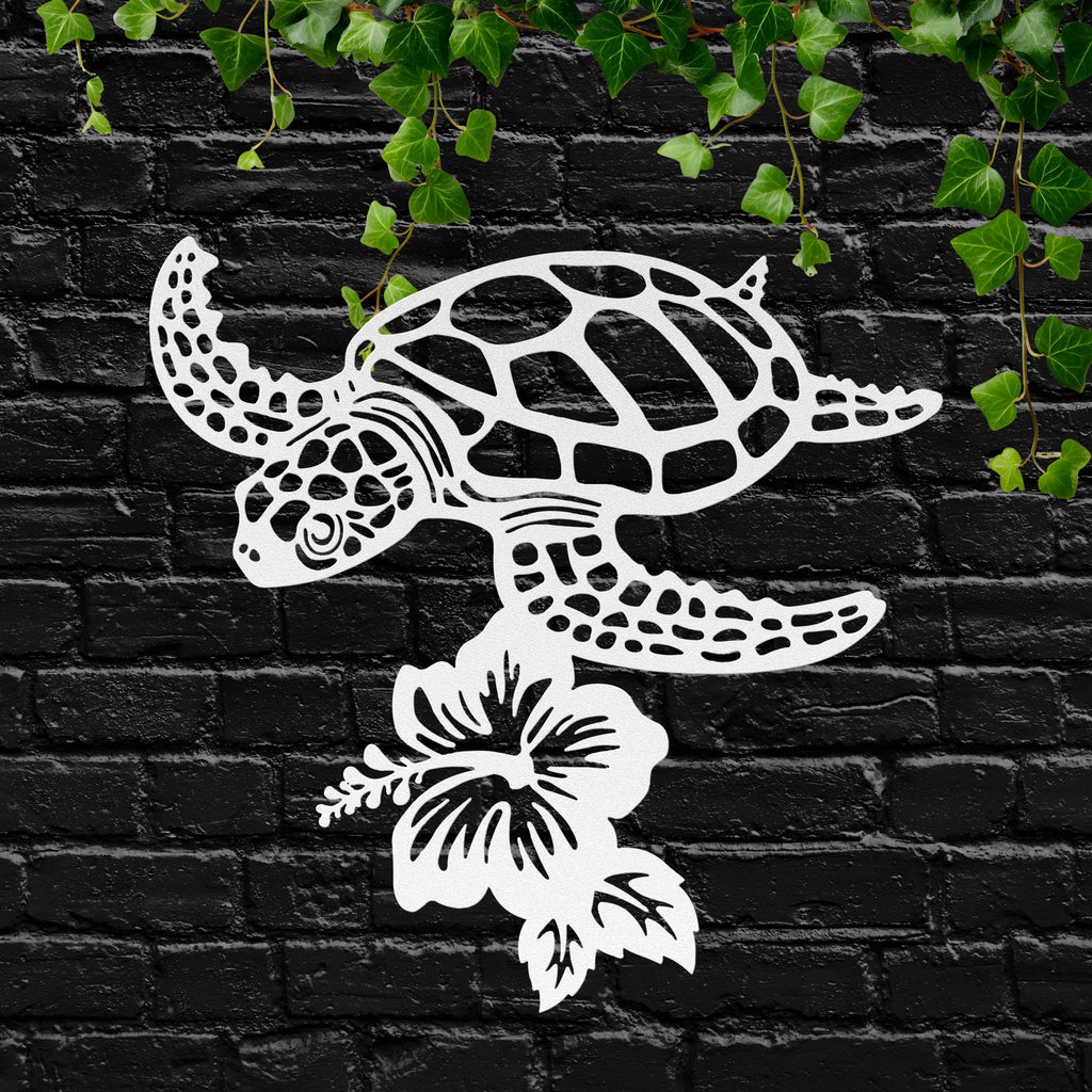Sea Turtle Metal Wall Art: Hibiscus Flower Coastal Decor