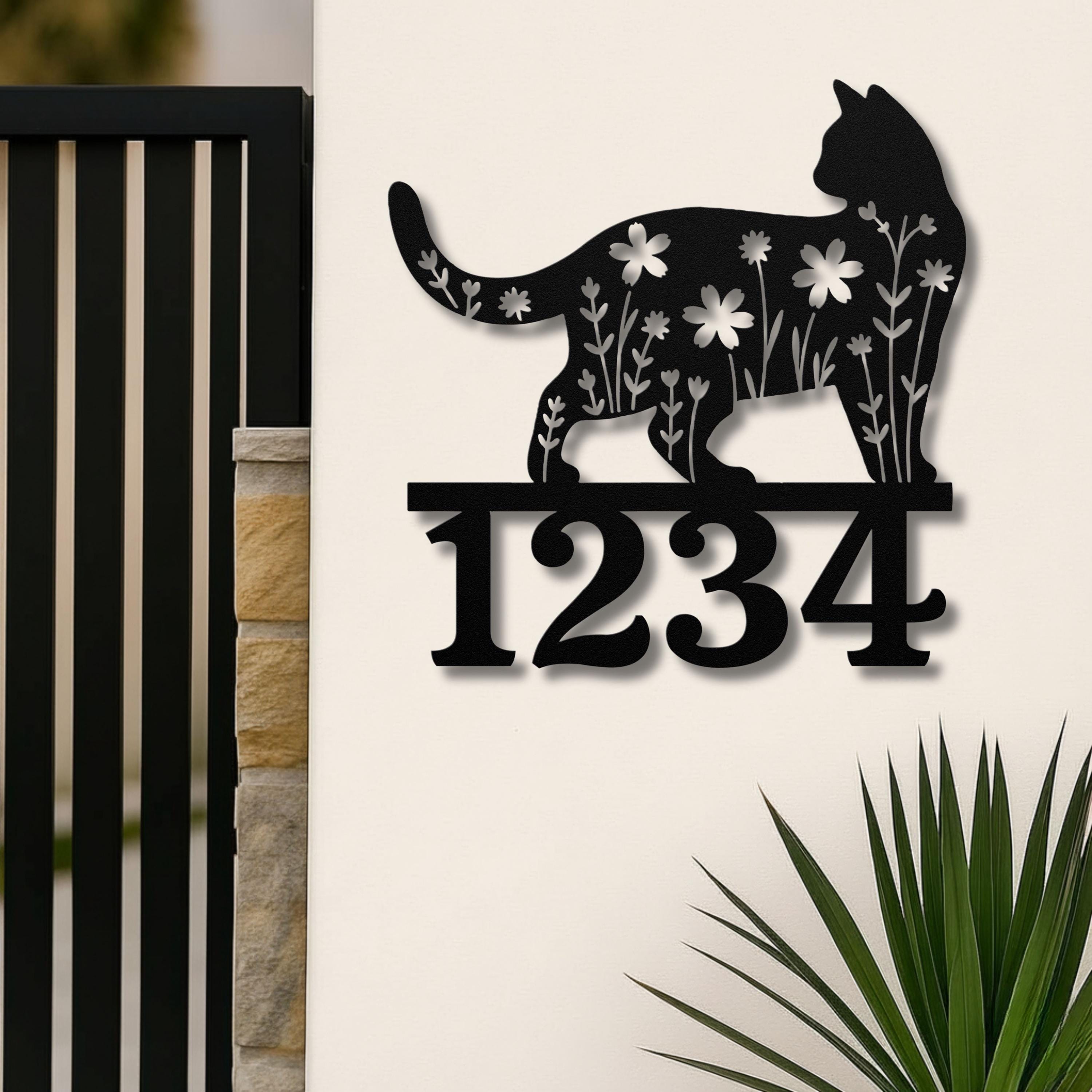 Floral Cat Address Sign: Custom Metal House Number Plaque