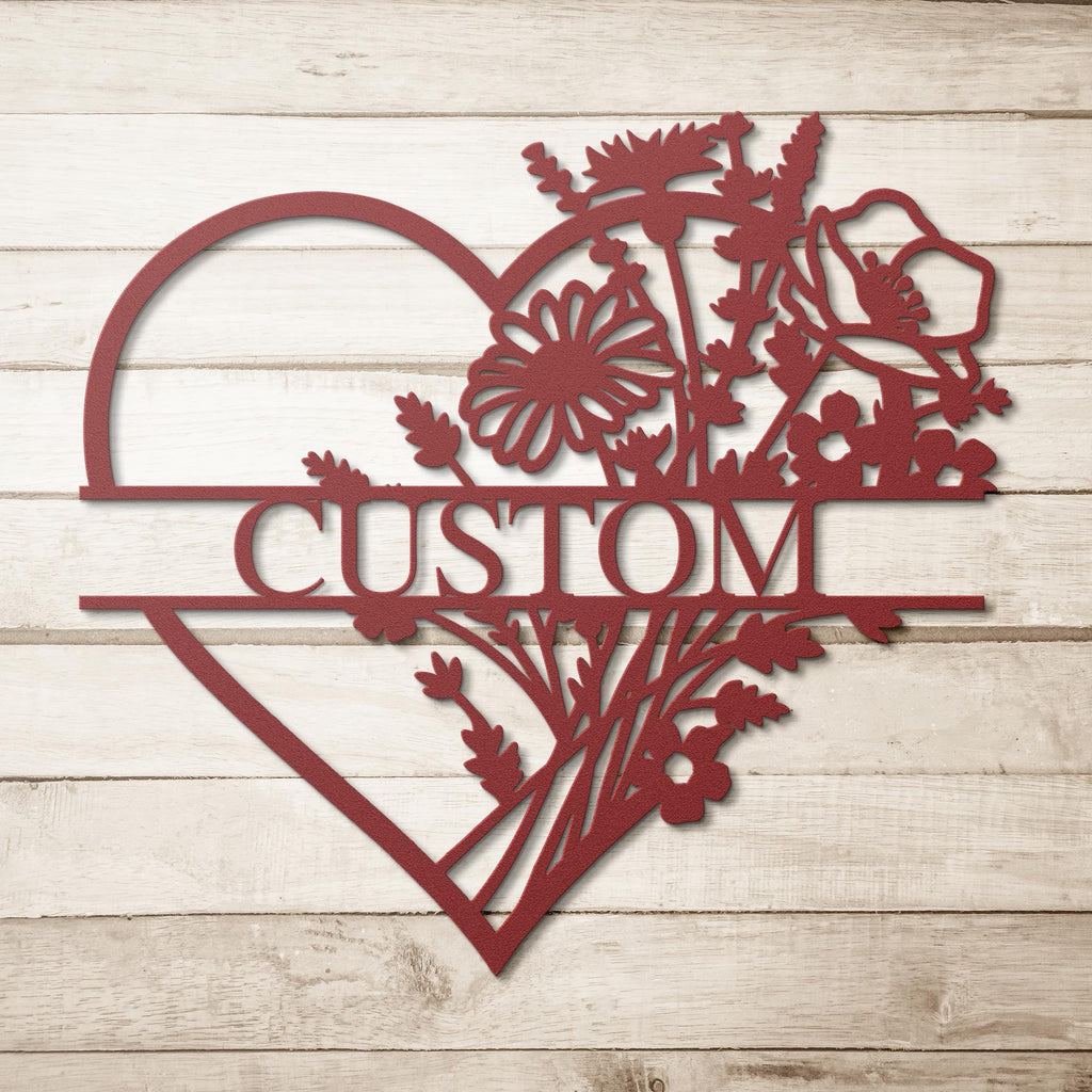 Personalized Floral Heart Metal Sign, Custom Flower Bouquet Split Name, Valentines Day Gift, Anniversary Wedding Art