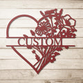 Personalized Floral Heart Metal Sign, Custom Flower Bouquet Split Name, Valentines Day Gift, Anniversary Wedding Art