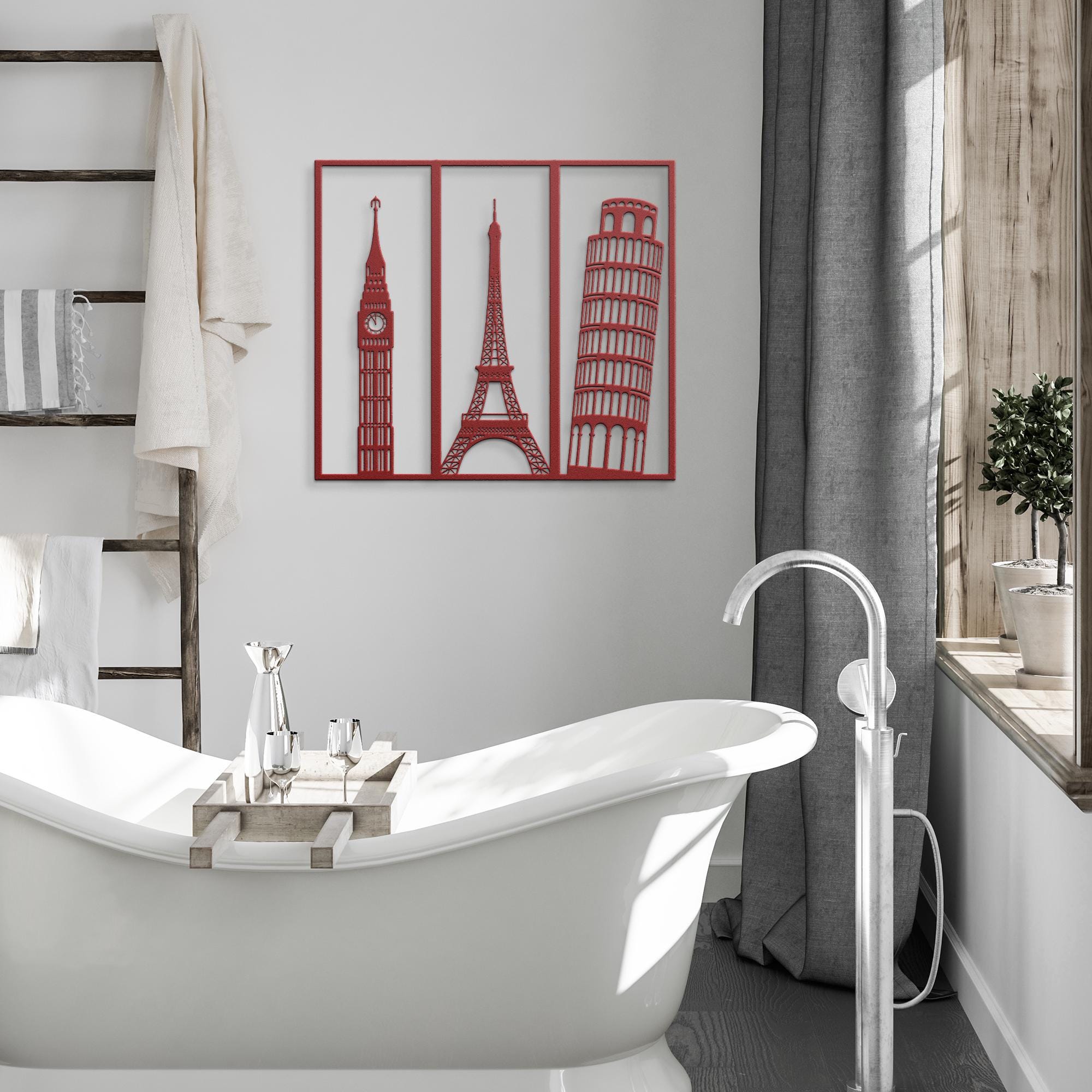 Metal Wall Art Landmarks, Eiffel Tower Big Ben Pisa Decor, Travel Gift World Map