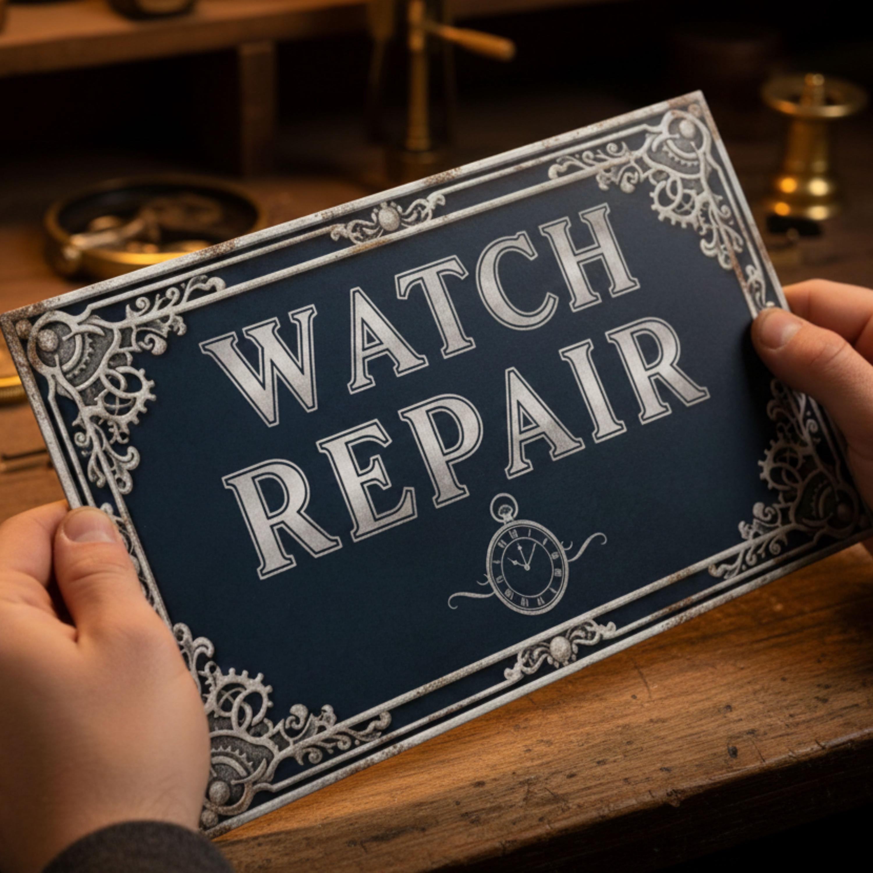 Vintage Watch Repair Shop Metal Sign, Steampunk Clockmaker Art, Antique Clock Service Decor