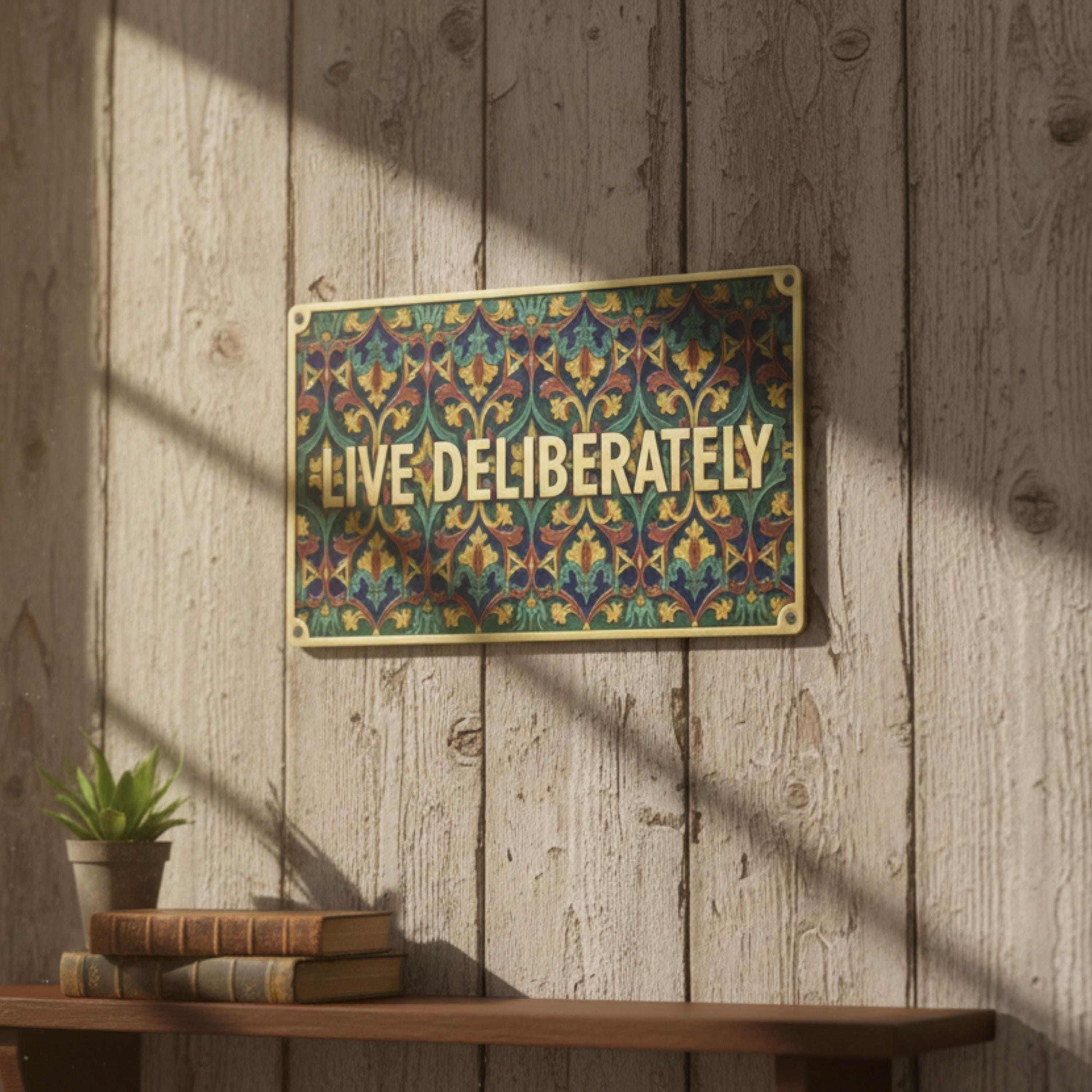 Live Deliberately Metal Sign, Ornate Tapestry Wall Art, Gold Motivational Plaque