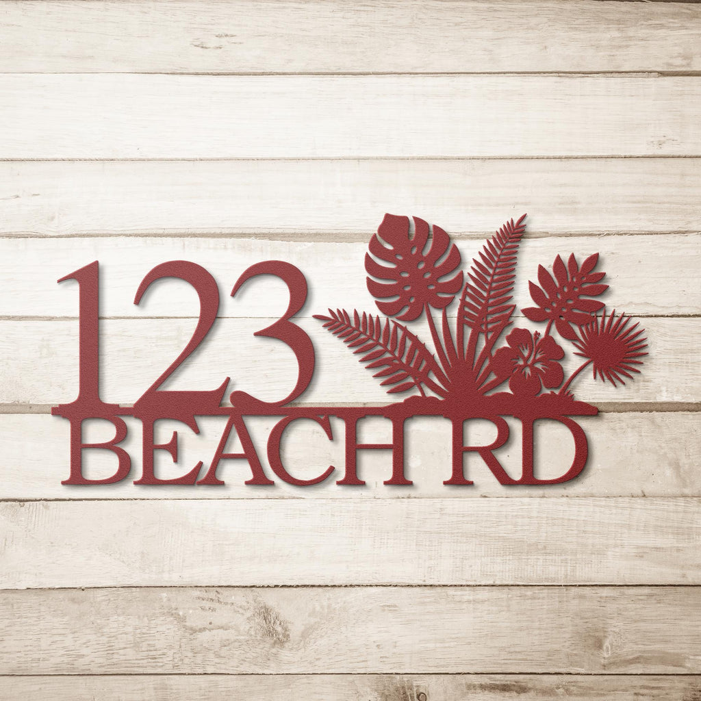 Personalized Beach House Number Sign, Tropical Metal Address Plaque, Palm Leaf Hibiscus Decor, Coastal Home Gift