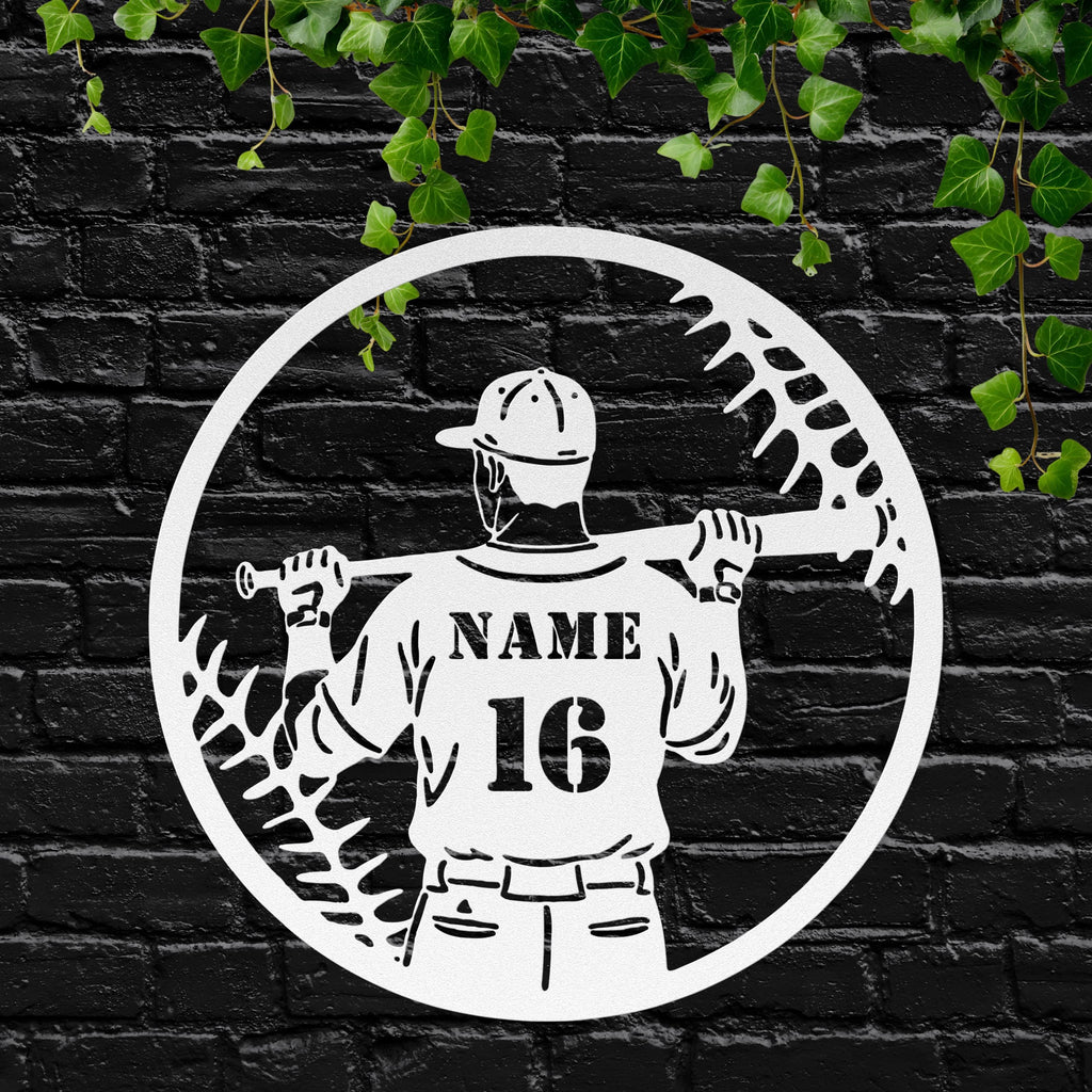 Personalized Baseball Sign | Custom Name Number Metal Player Art for Man Cave Decor