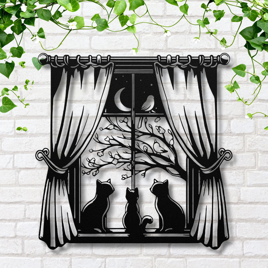 Cats Window Metal Wall Art, Moonlit Night Pet Decor, Cat Lover Gift, Feline Wall Sign