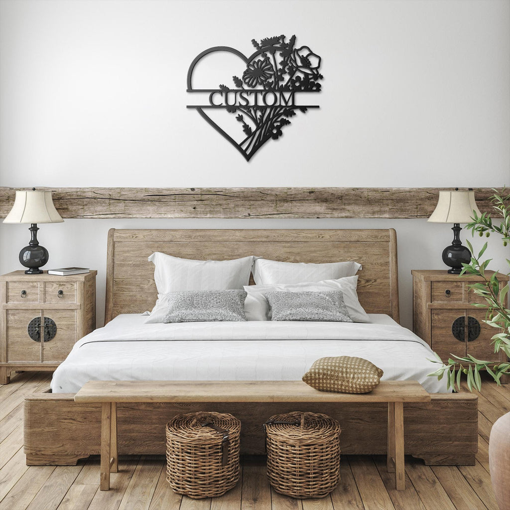 Personalized Floral Heart Metal Sign, Custom Flower Bouquet Split Name, Valentines Day Gift, Anniversary Wedding Art