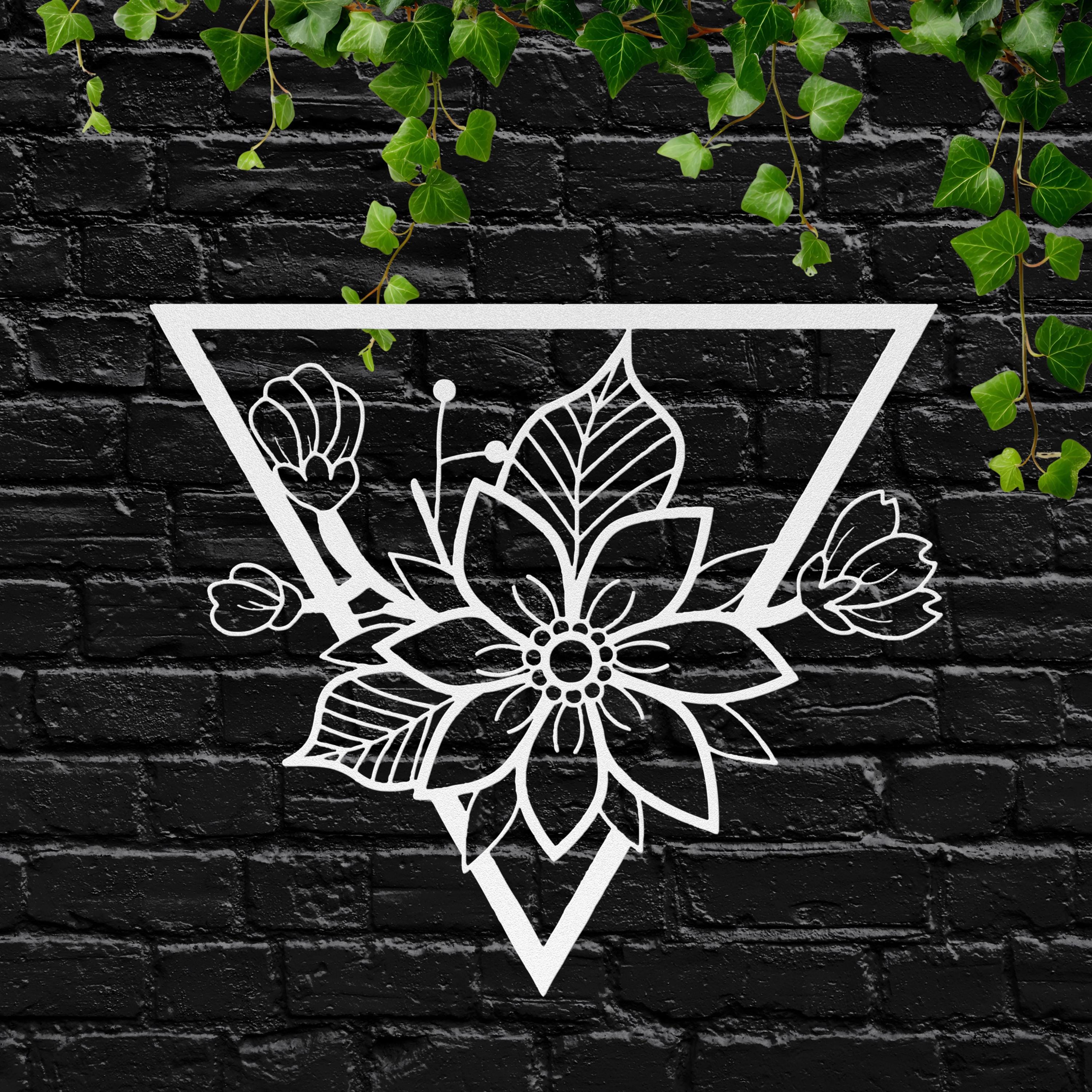 Geometric Floral Metal Wall Art, Flower Triangle Sign, Boho Bedroom Home Decor