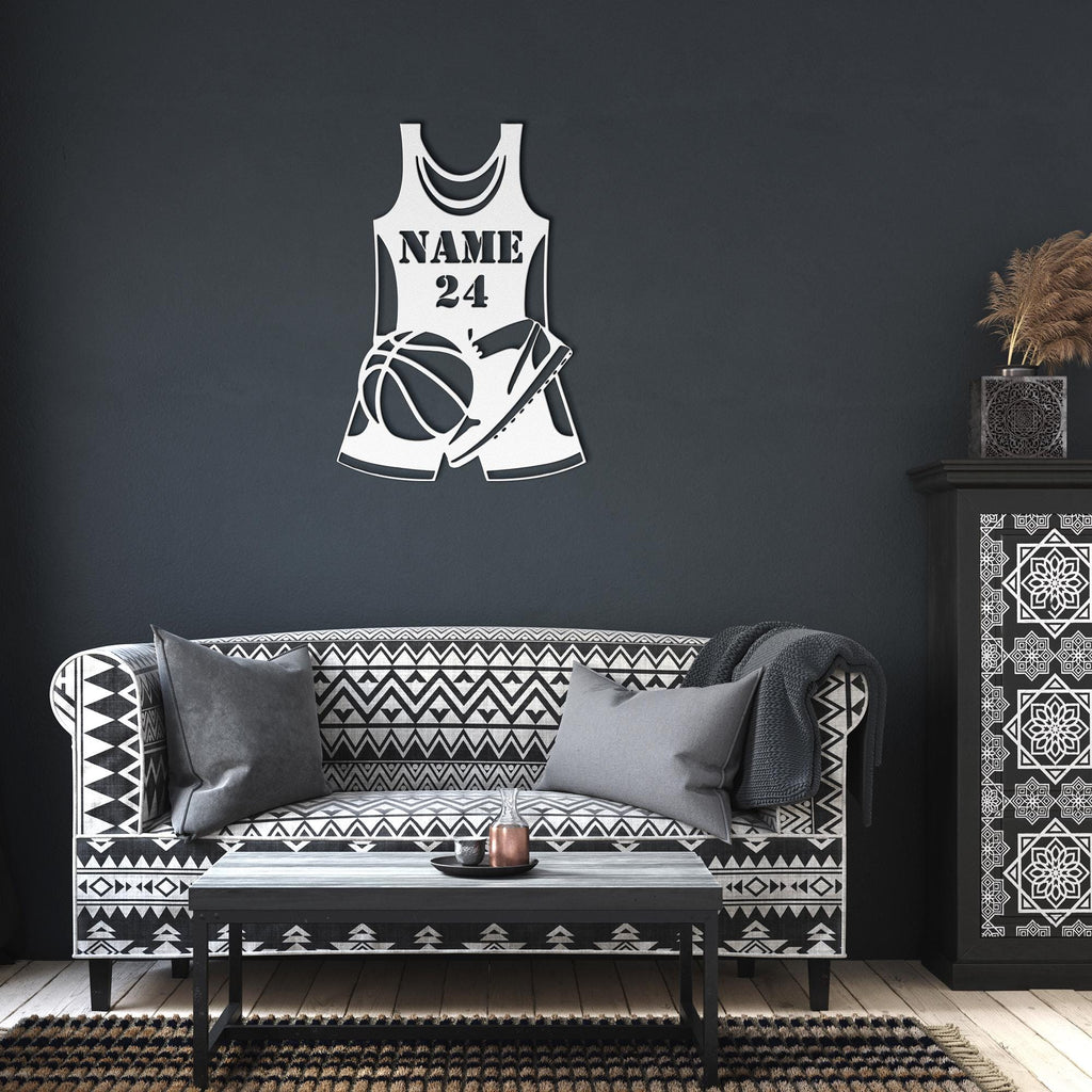 Personalized Basketball Jersey Metal Art, Custom Name Number Die-Cut Sign, Ball Shoe Decor, Athlete Team Gift, Sports Fan Wall Art