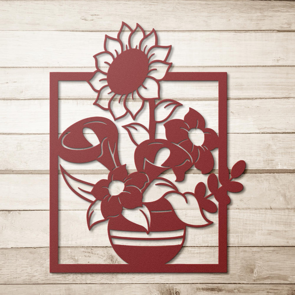 Sunflower Calla Lily Metal Wall Art, Die Cut Floral Vase Sign