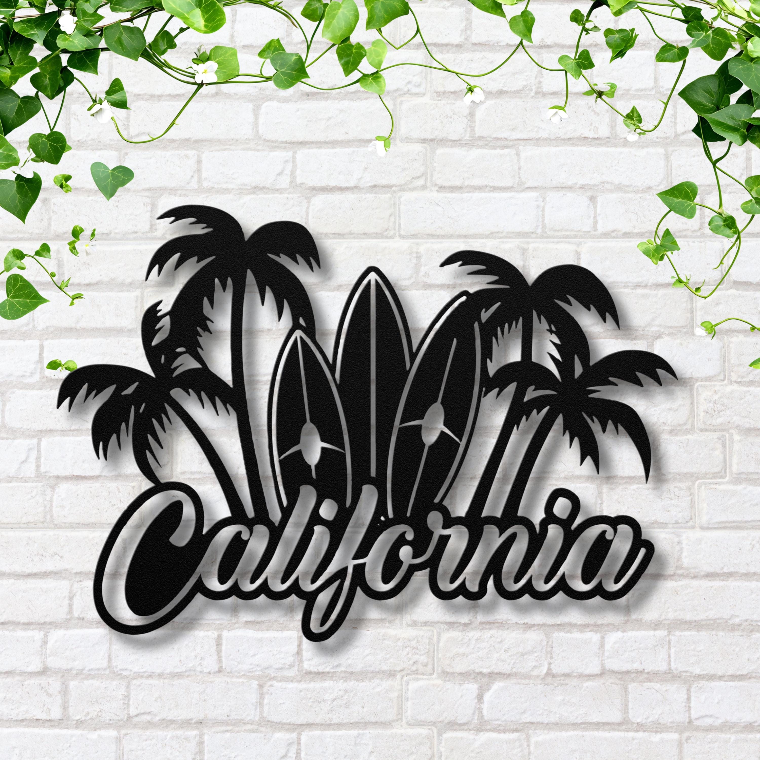 California Metal Sign, Surfboard Palm Tree Coastal Wall Decor