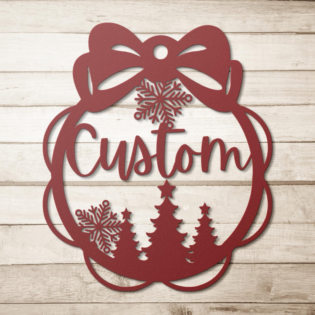Personalized Christmas Ornament Metal Sign, Custom Holiday Die-Cut Decor, Snowflake Bow Family Name Gift, Xmas Tree Wall Art