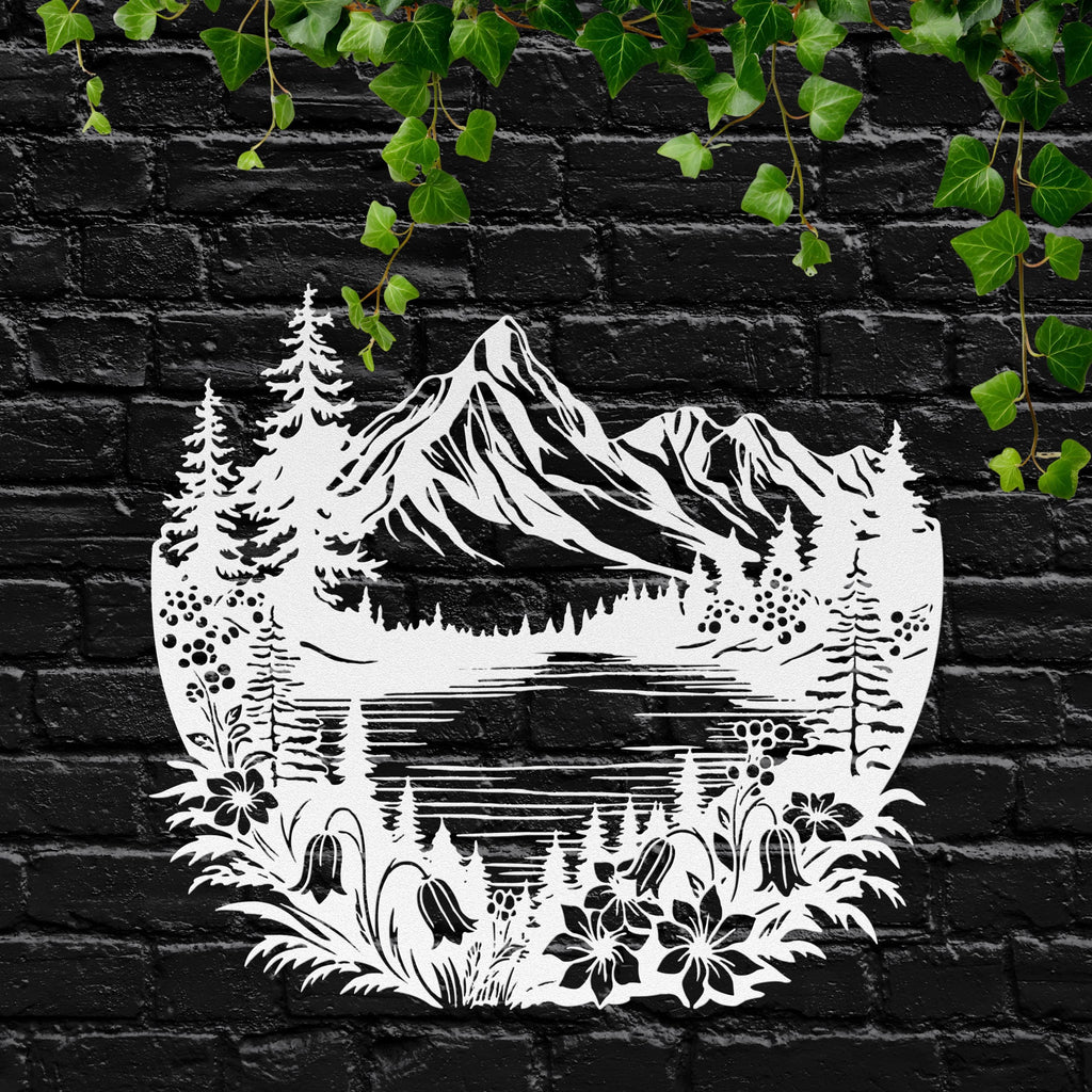Mountain Metal Wall Art, Lake Cabin Decor, Rustic Pine Tree Silhouette