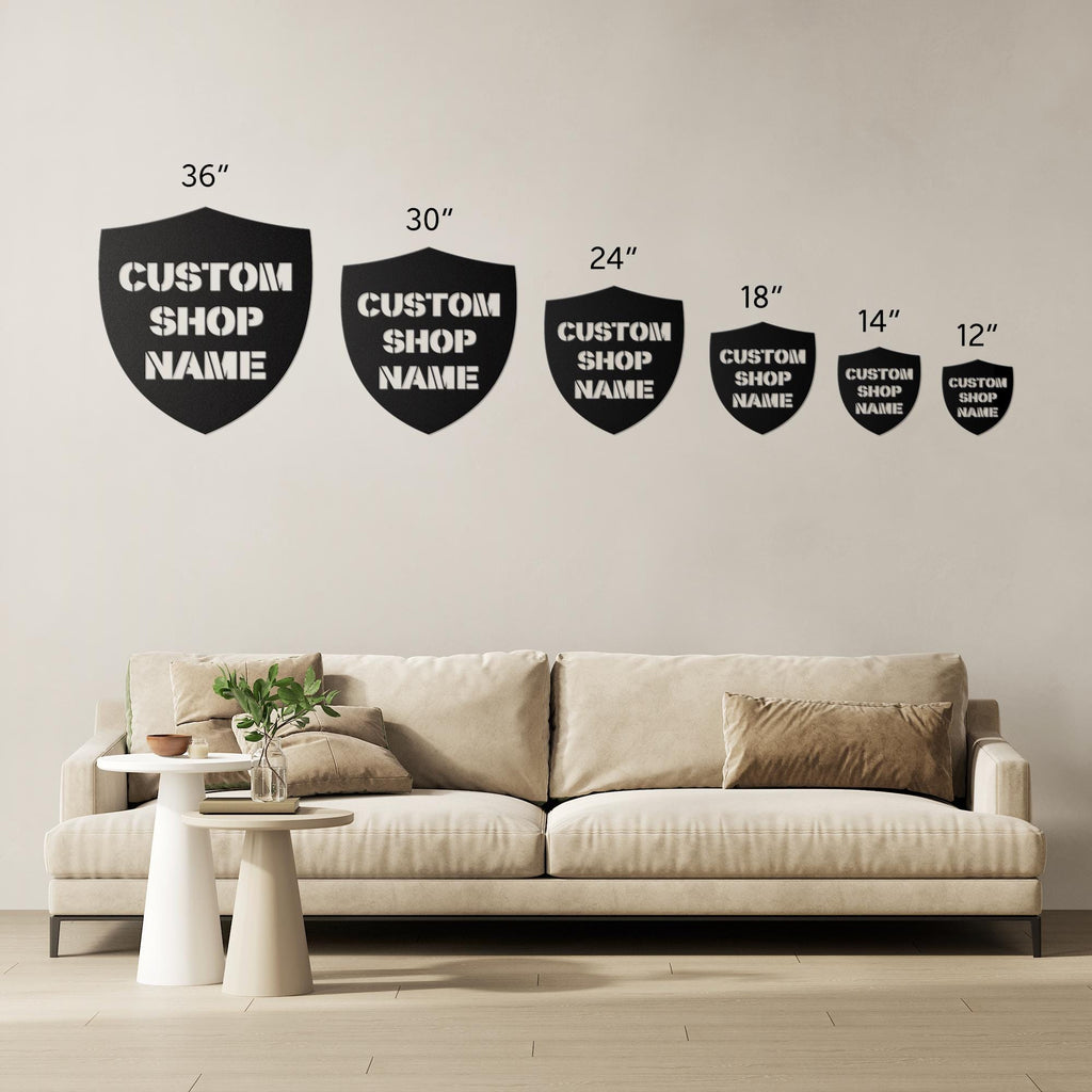 Custom Shield Metal Sign: Personalized Shop Name, Logo