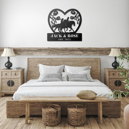 Custom Horse Metal Sign – Personalized Wedding Gift with Heart-Shaped Rose Detail
