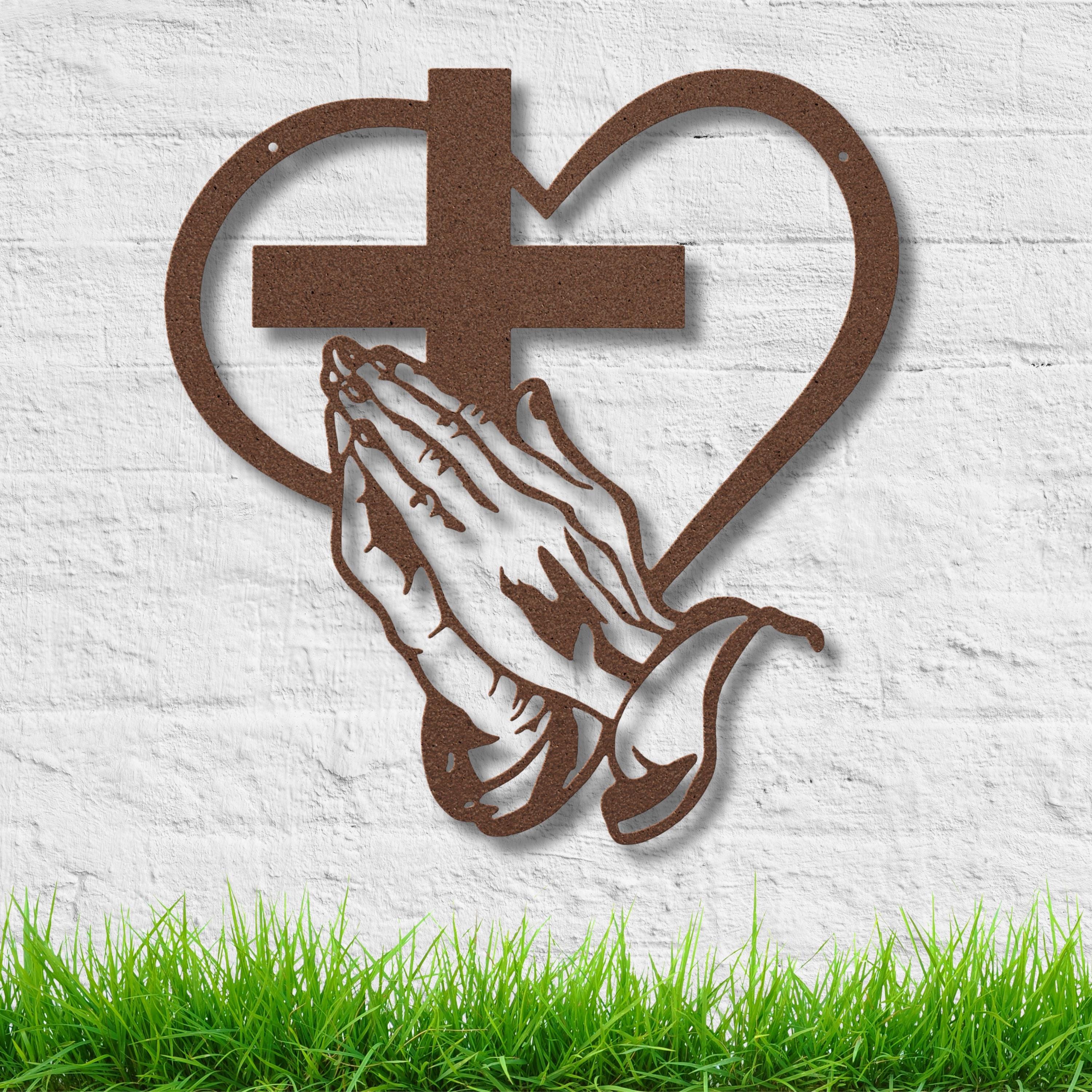 Praying Hands Metal Art – Religious Metal Sign | Christian Wall Decor & Heart Cross