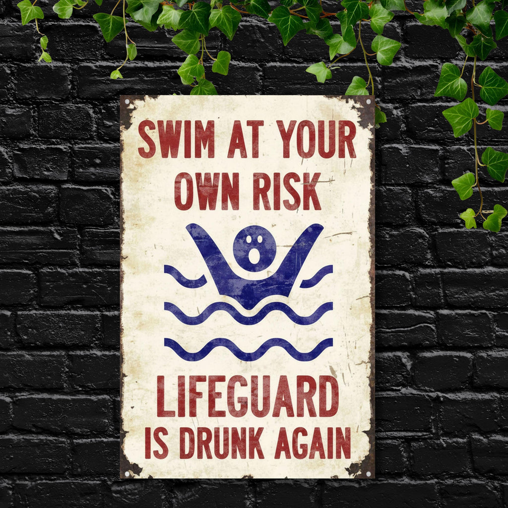 Funny Swimming Pool Sign, Swim At Your Own Risk, Lifeguard Is Drunk Sign, Pool Decor