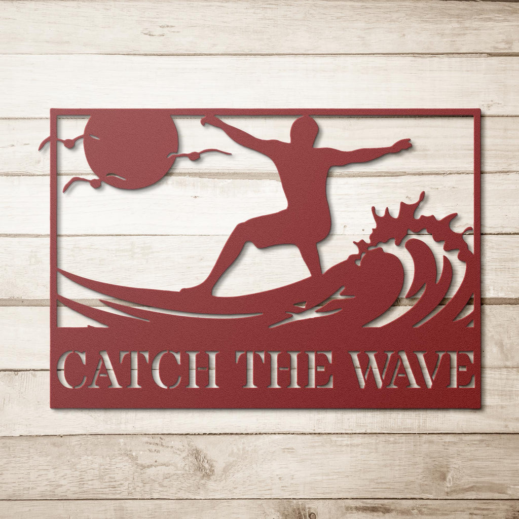 Personalized Catch The Wave Metal Sign, Surfer Wall Art, Beach House Ocean Decor