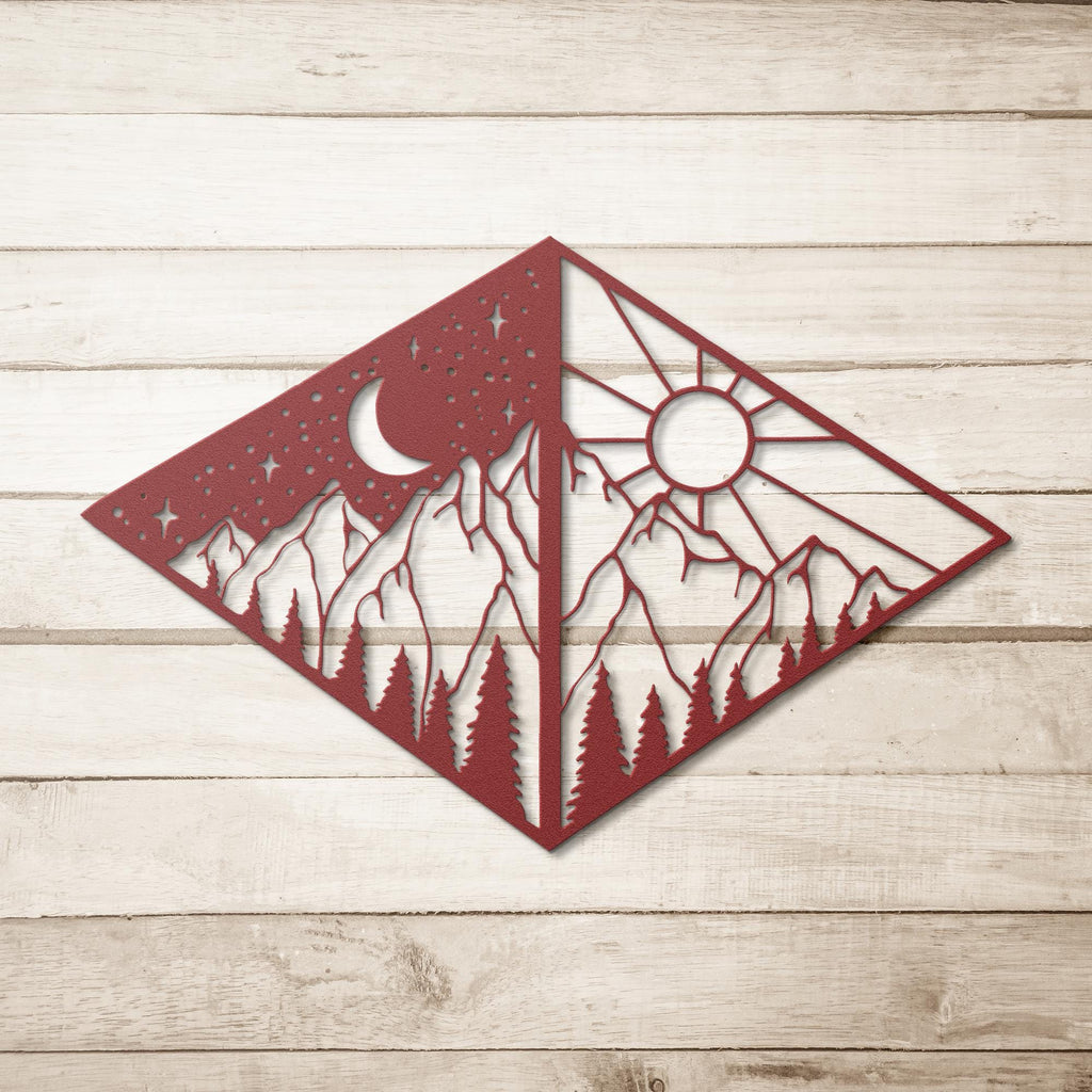 Mountain Metal Art – Sun Moon Geometric Wall Decor | Diamond Shape Cabin Sign