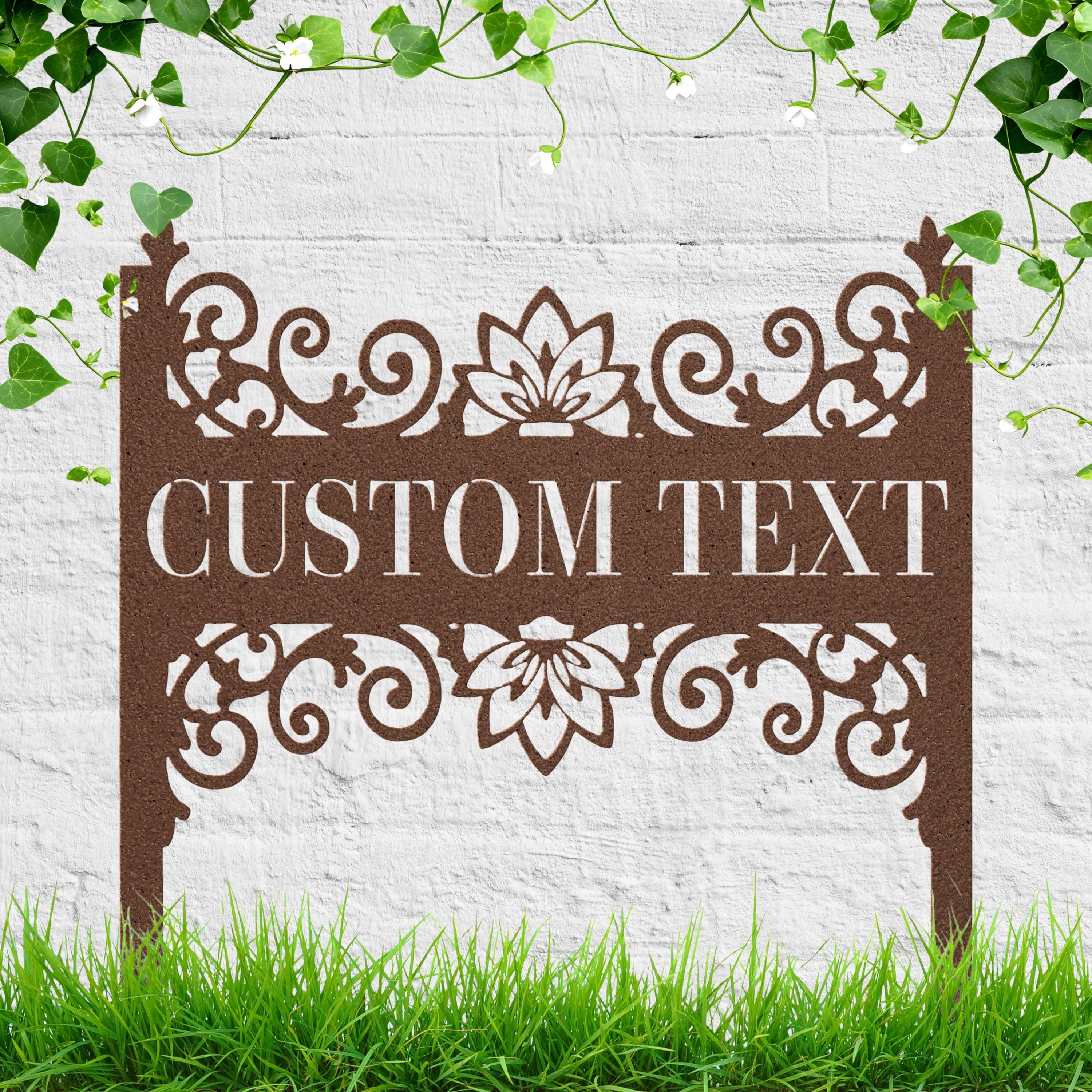 Elegant Scrollwork Metal Garden Stake, Personalized Die-Cut Floral Custom Text Sign, Decorative Plant Marker, Monogram Gift