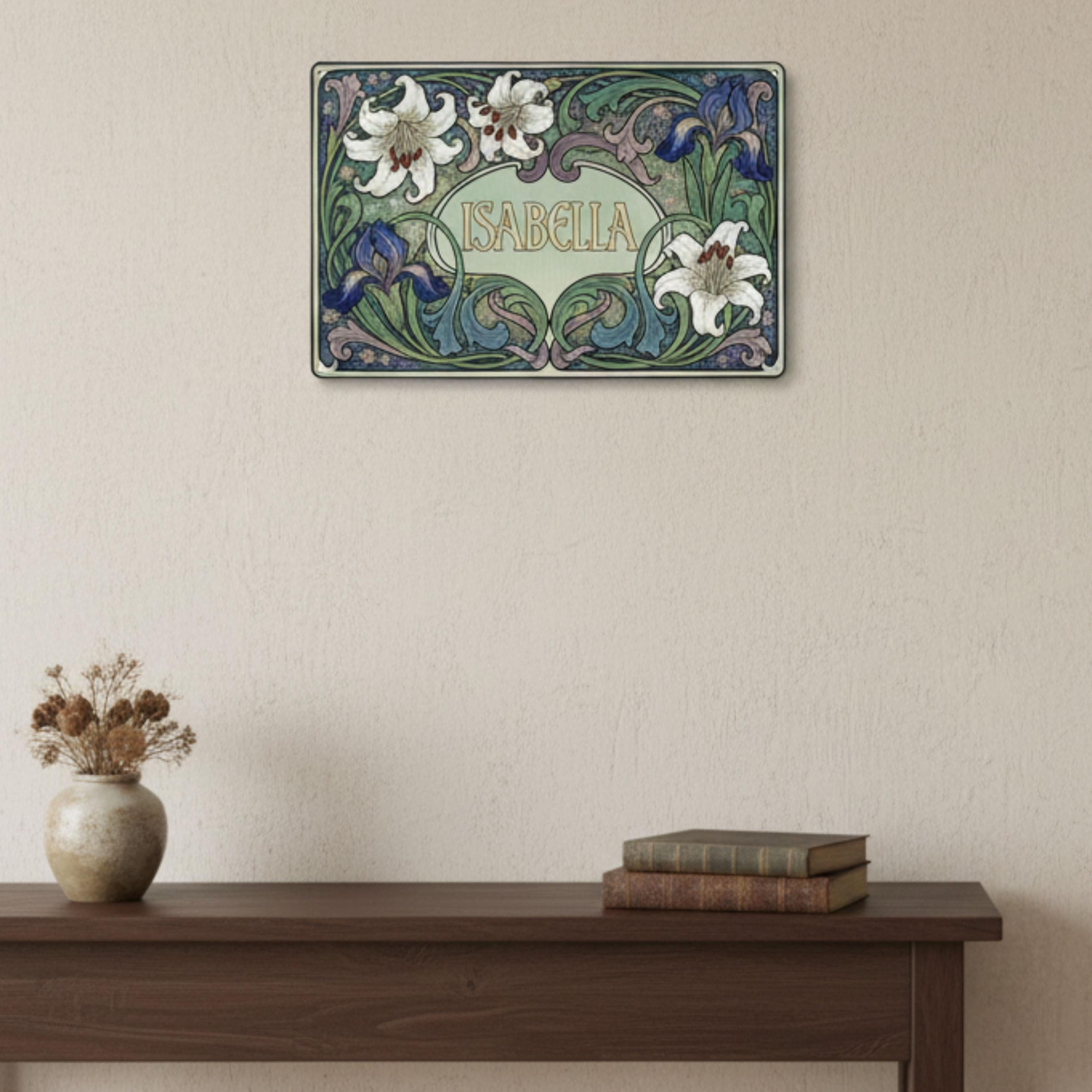Custom Art Nouveau Name Sign, Personalized Metal Plaque, Lily Iris Floral Wall Art