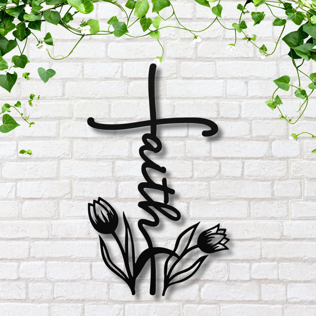 Faith Cross Metal Wall Art, Tulip Flower Christian Sign, Religious Home Decor Gift