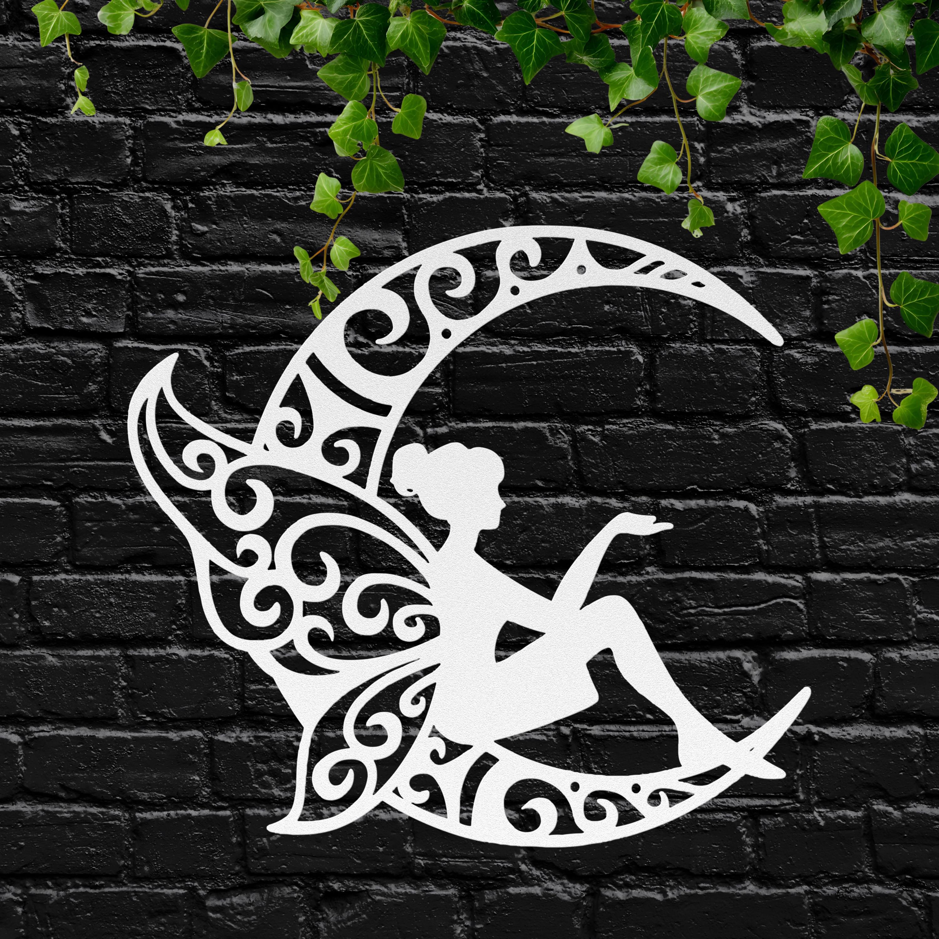 Fairy Metal Art – Crescent Moon Sign | Whimsical Wall Decor, Unique Black Nursery Hanging